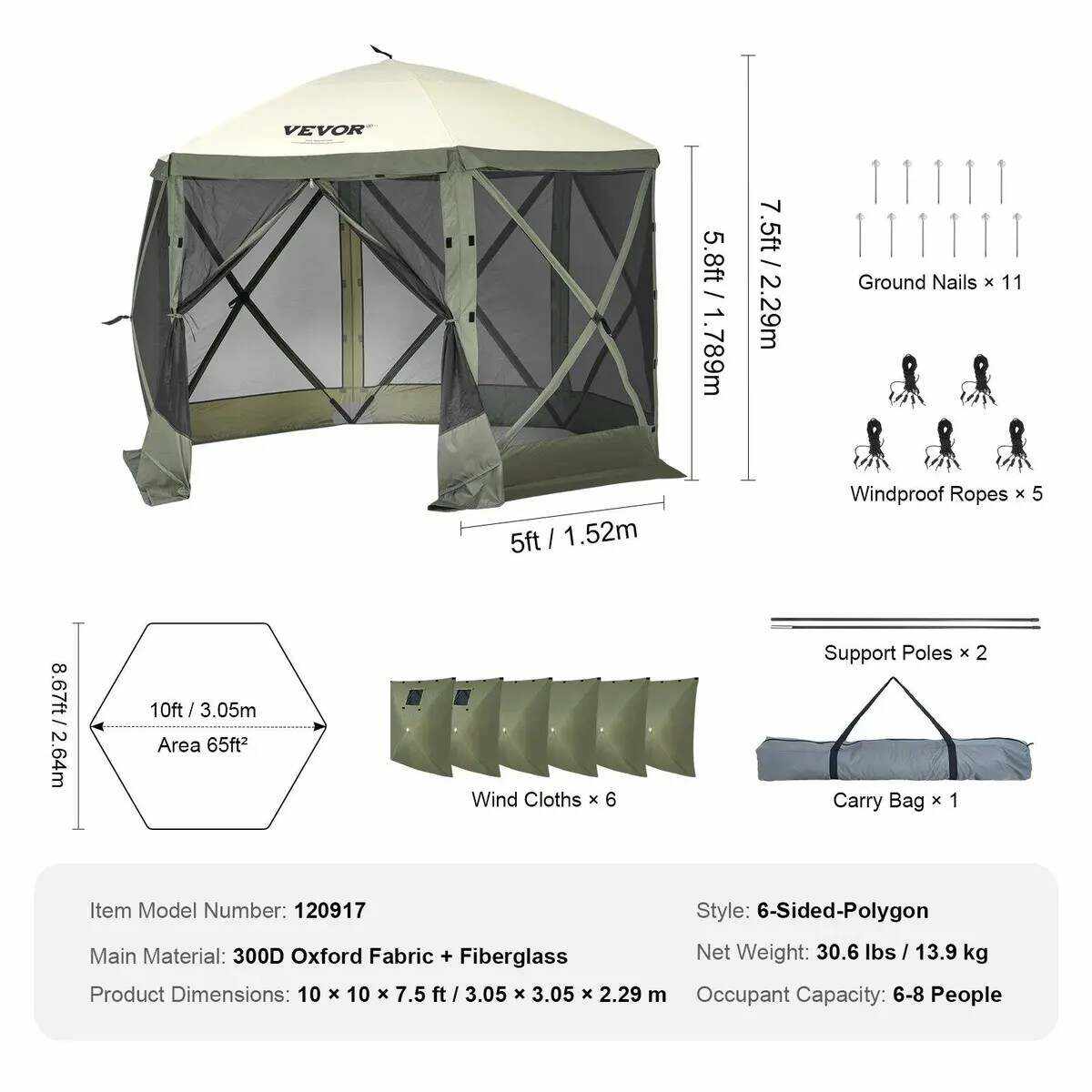 Camping Gazebo Screen Tent, 12*12ft, 6 Sided Pop-up Canopy Shelter Tent with Mesh Windows, Portable Carry Bag, Stakes, Large Shade Tents for Outdoor Camping, Lawn and Backyard, Brown/Beige