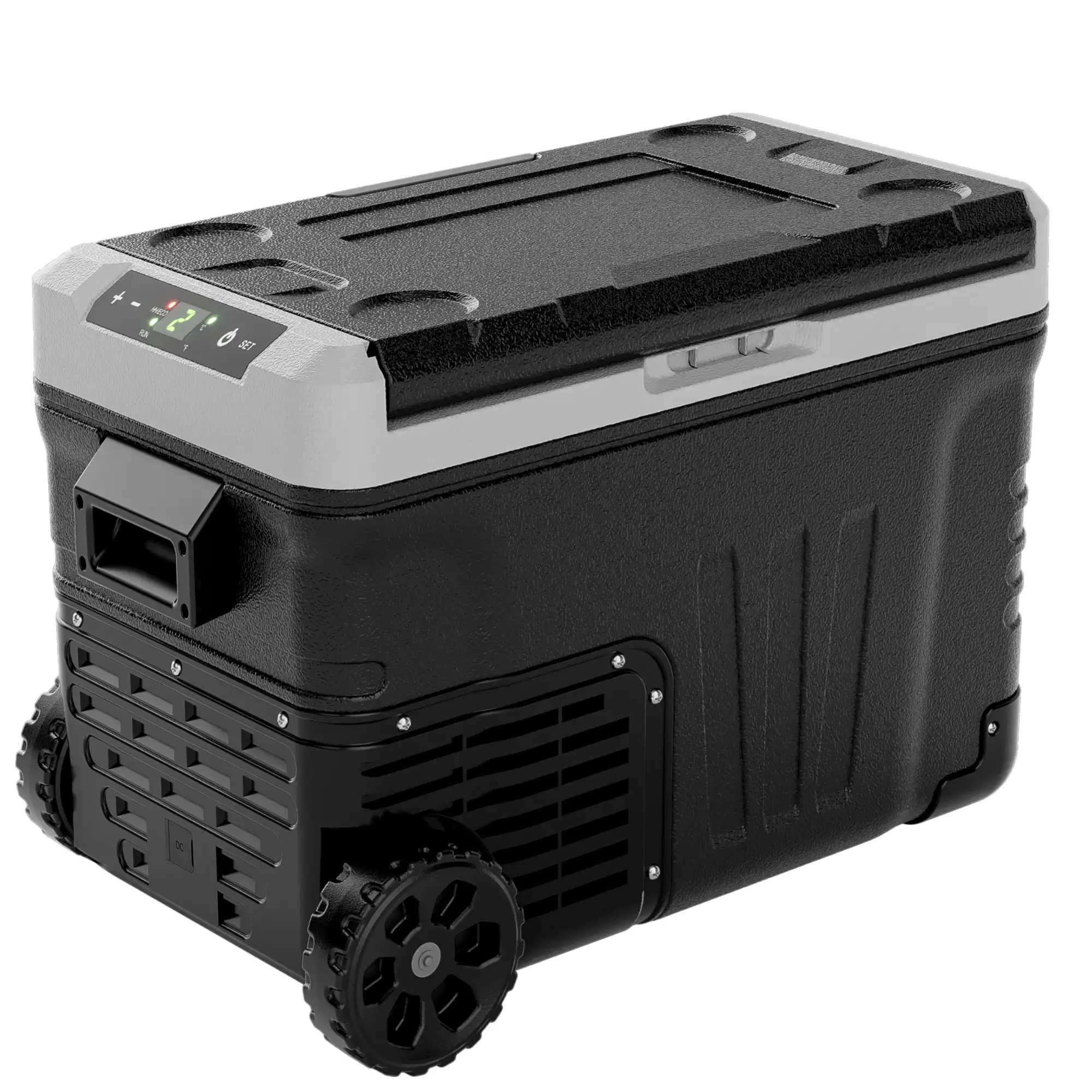 12V Refrigerator (24/37/53Quart /23L/35L/50L) supports 12V/24V DC & 110-240V AC. Portable with -4°F~68°F range, it features wheels, 2 baskets, and large cooling zone. Ideal for RVs, travel, Truck, Boat