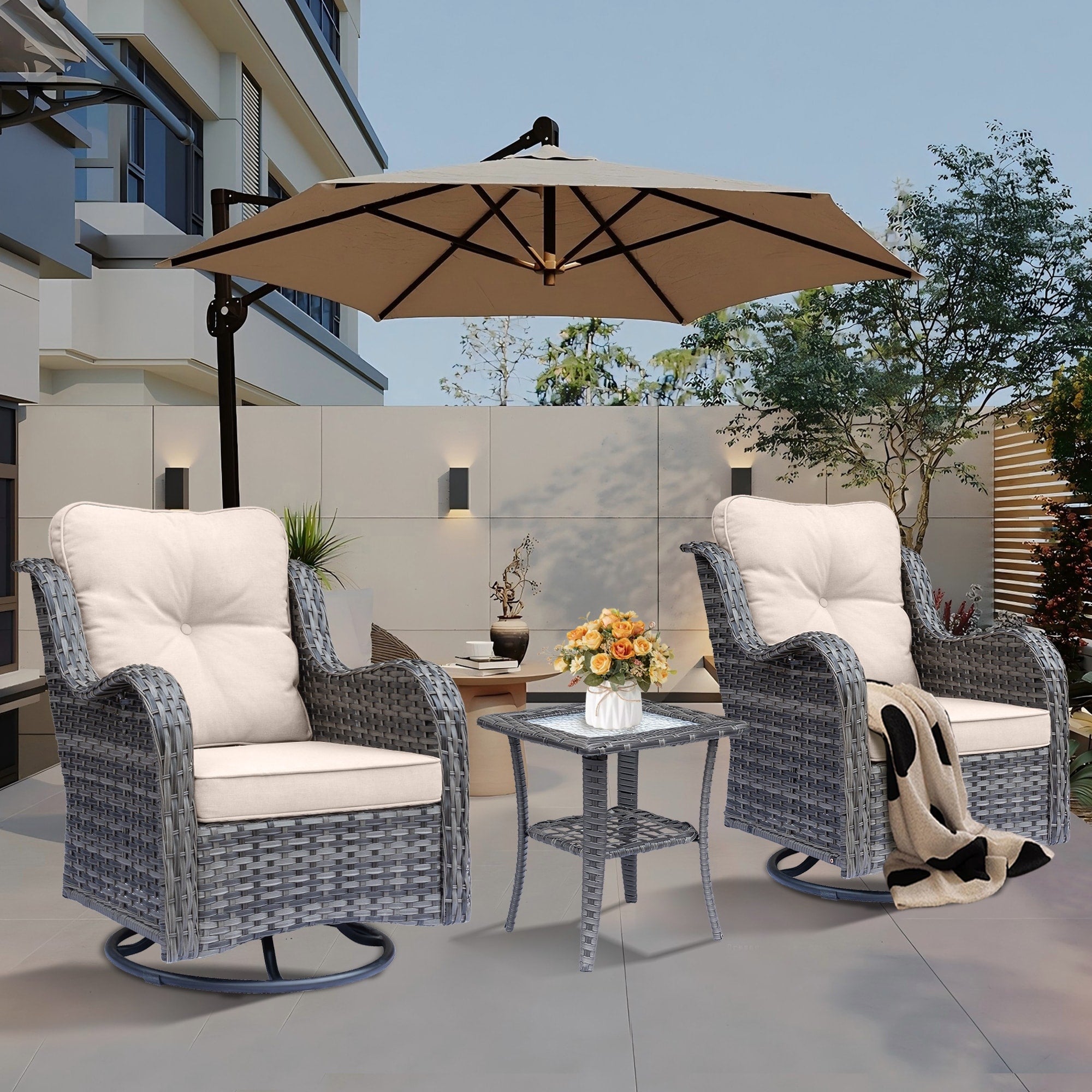 Outdoor Patio Furniture Set-Wicker Patio Conversation Swivel Chair Set
