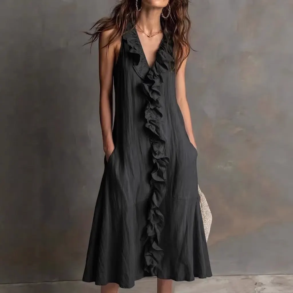 🌿 Ruffle V-Neck Sleeveless Midi Dress