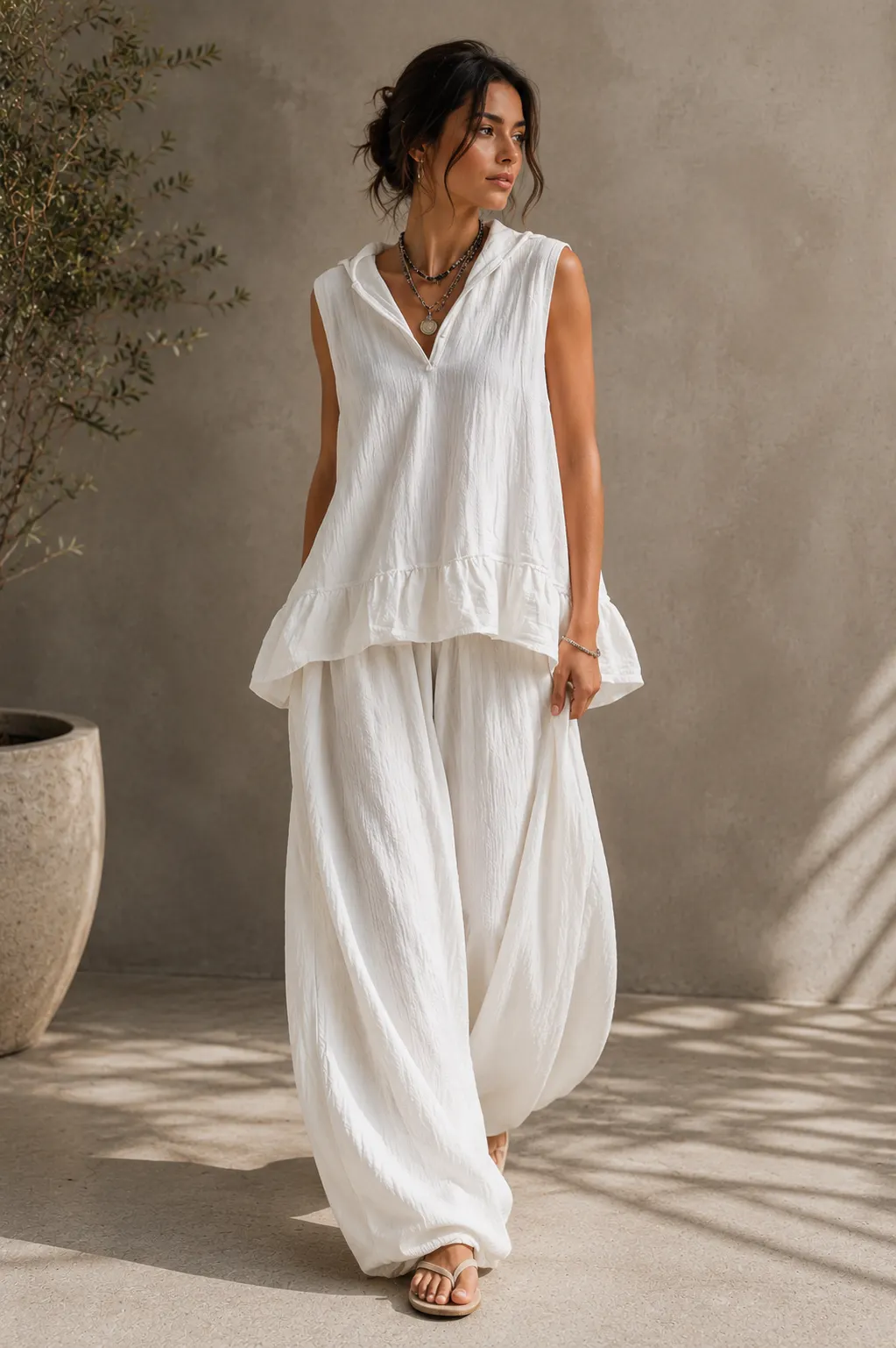 Sleeveless Ruffle Hem Top & Wide Leg Pants Set