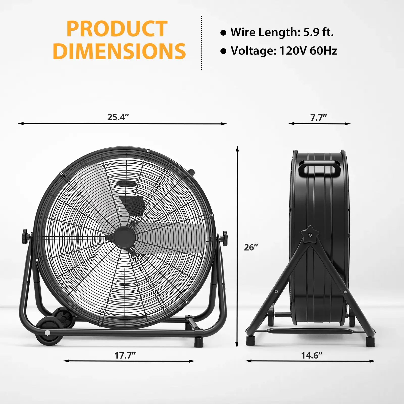 24 Inch High Speed Industrial Drum Floor Fan, heavy-duty full metal construction with 3 speeds and 360° tilt design. Built with portable handle and rolling casters for easy movement, powerful air circulation fan perfect for warehouse, garage