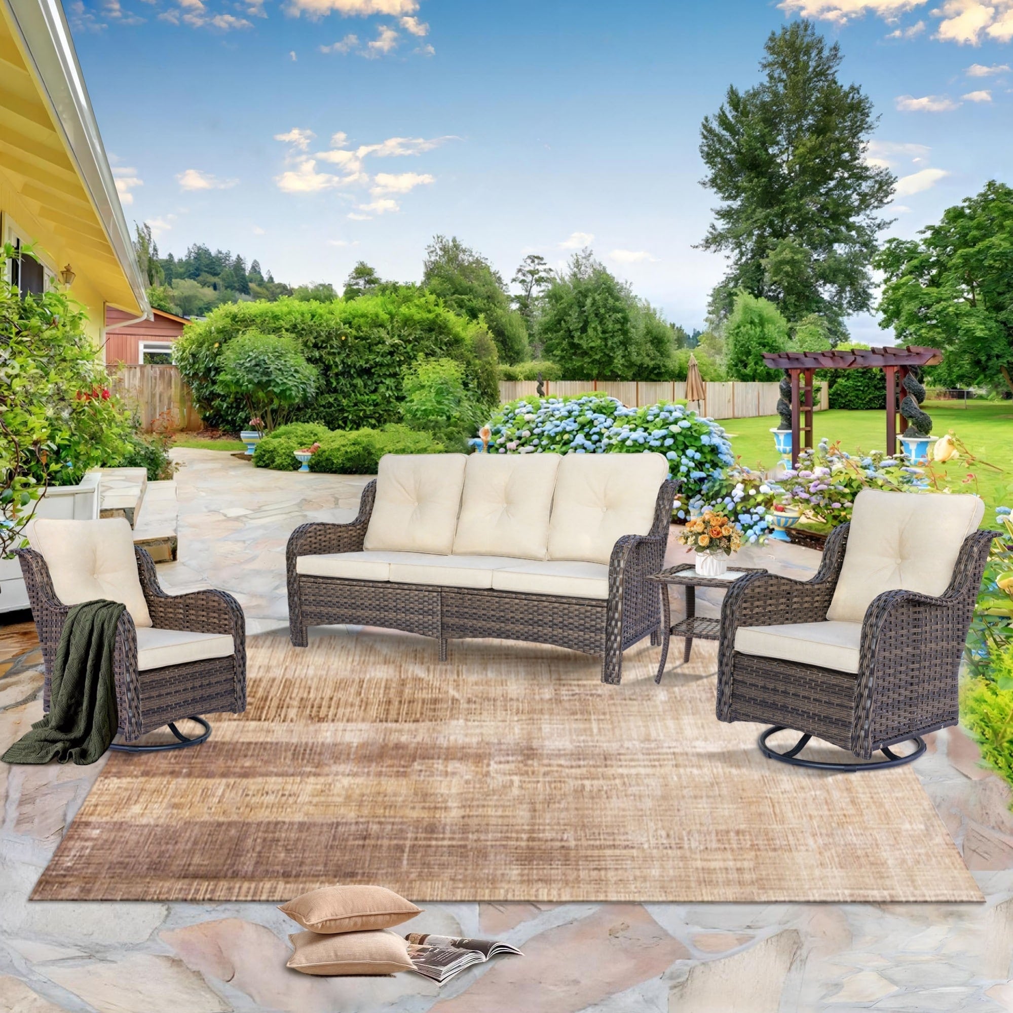 Outdoor Patio Furniture Set-Wicker Patio Conversation Swivel Chair Set