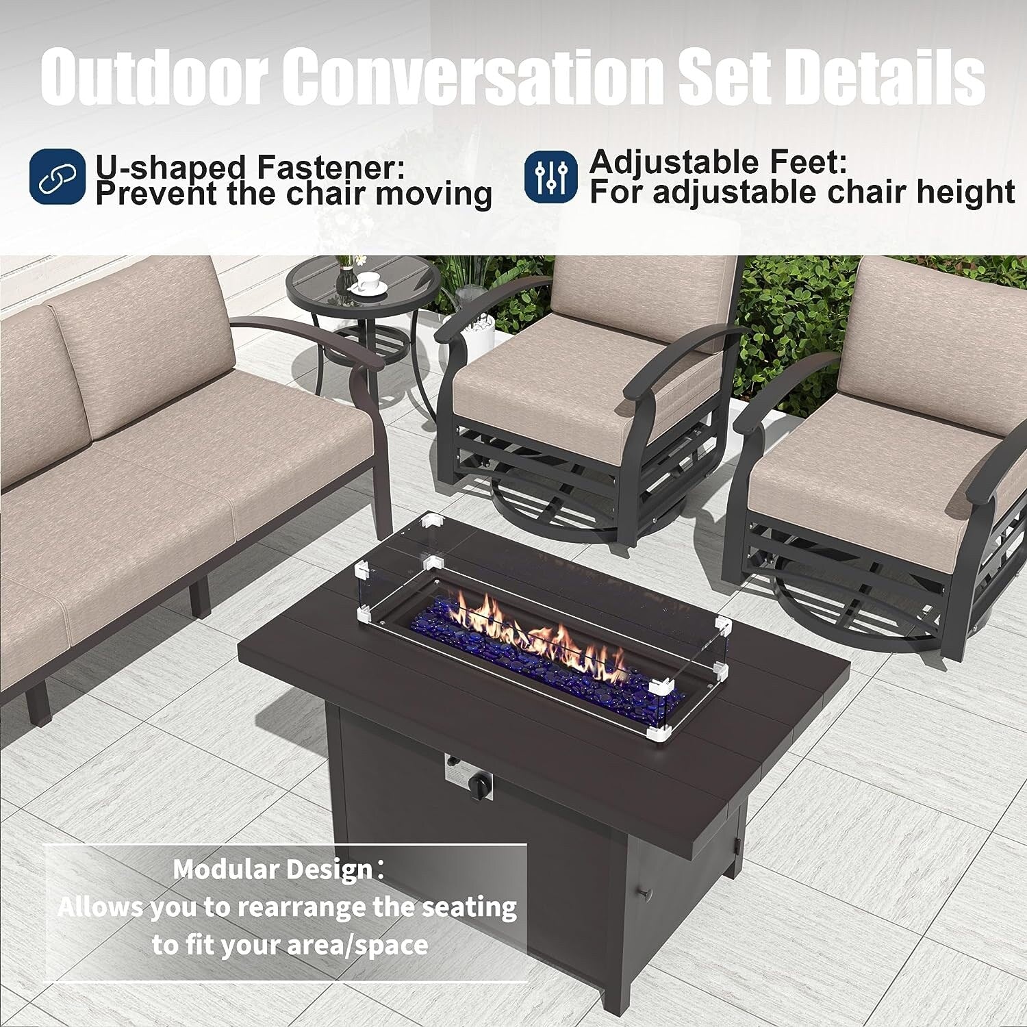 Kullavik Aluminum Outdoor Patio Furniture with Curved Armrests & Firepit Table
