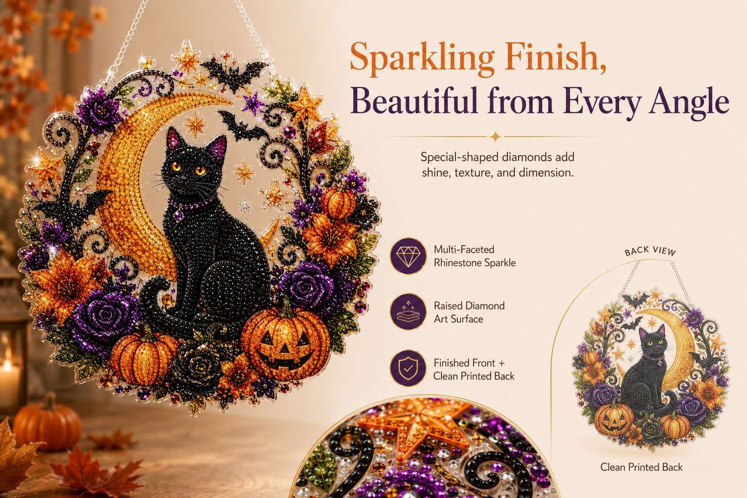 🎃Black Cat Moon Diamond Art Hanging Ornament Kit – Relaxing DIY Halloween Craft 🎃💎
