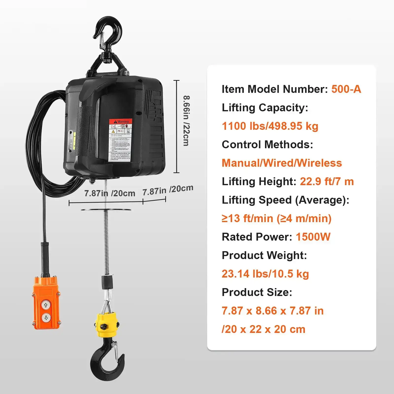 3-in-1 Electric Hoist Winch Tools1100lbs 1500W Portable Power Winch Crane110V/120V22.9 ft Lifting Height13 ft/minManual-Wired-Wireless Remote ControlOverload Protection