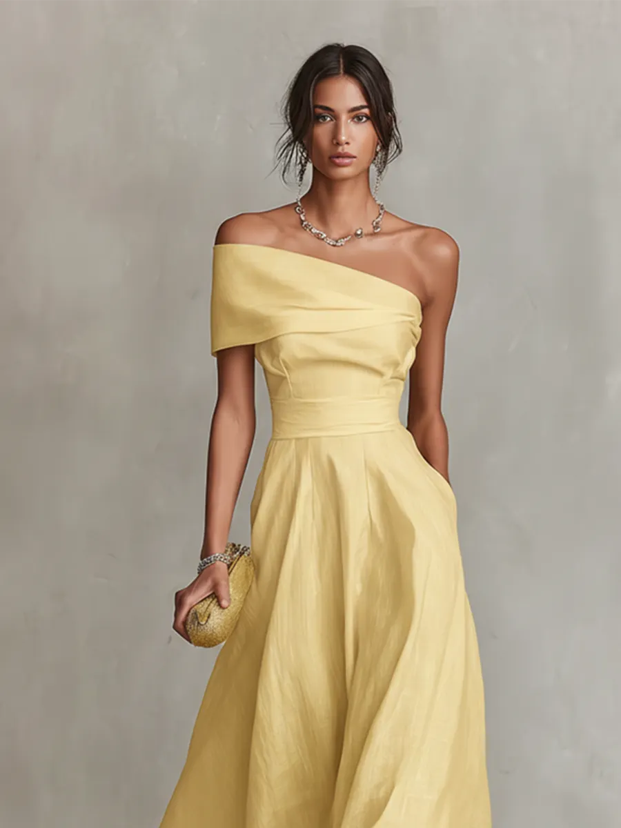 Yellow Linen Dress With One-Shoulder Neckline & Fitted Waist
