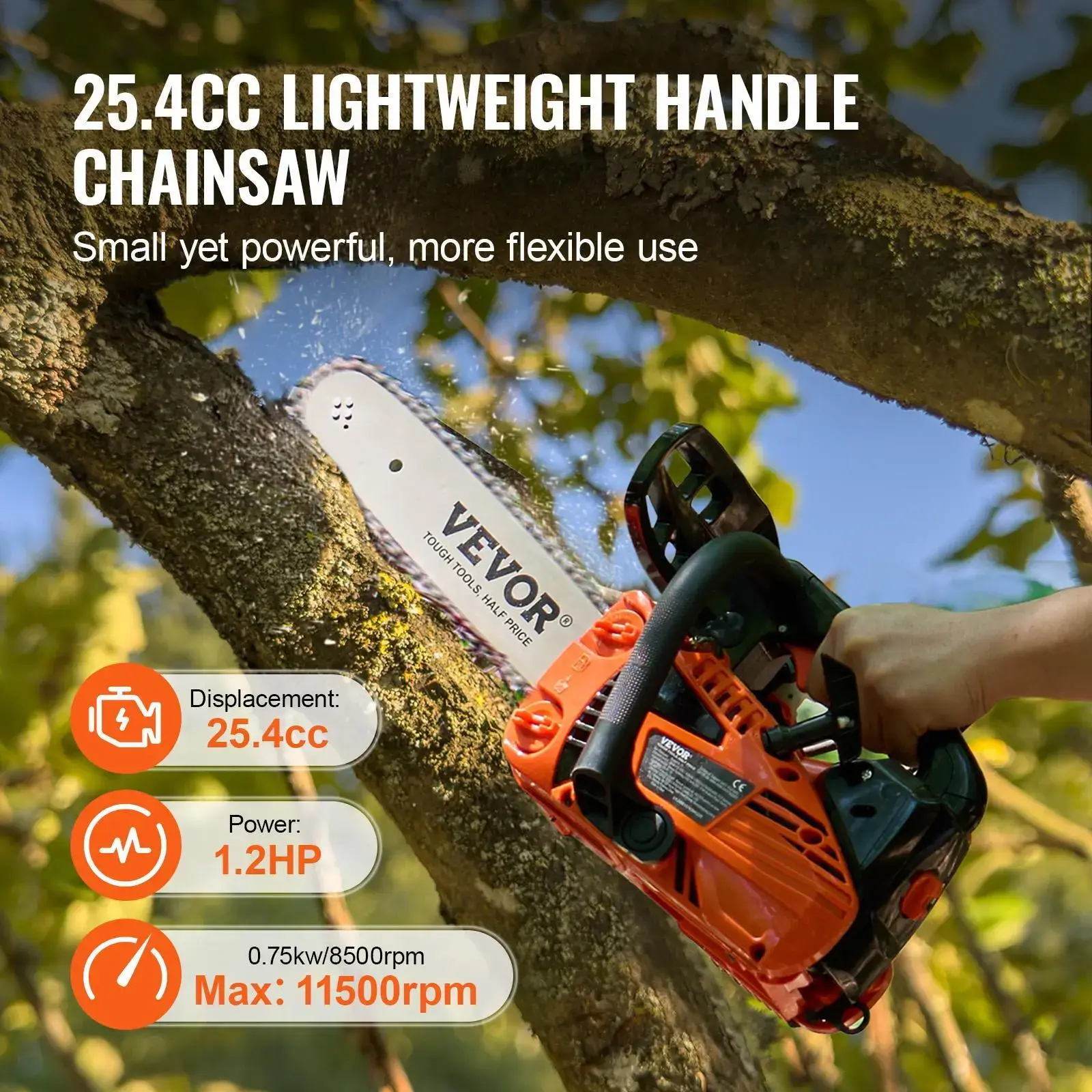 Gas Chainsaw 12-inch 25.4CC 1.2HP Handheld Tree Cutting Tool