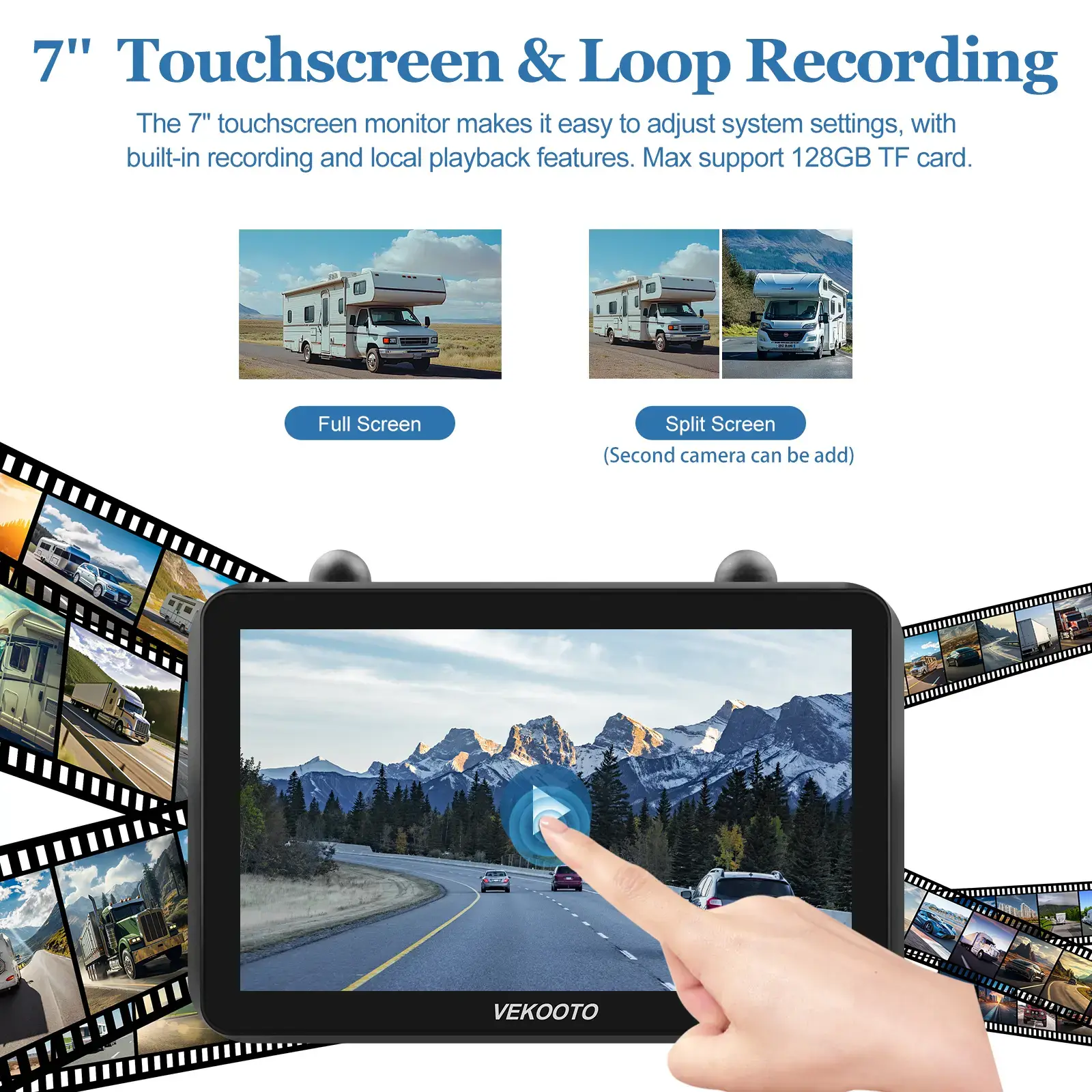 7'' IPS Touchscreen Solar Wireless Backup Camera Kit, HD1080P Magnetic Rechargeable Rear View Camera, No Wiring IP69 Waterproof IR Night Vision Monitor for RV Truck Trailer Camper Car Blind Spot