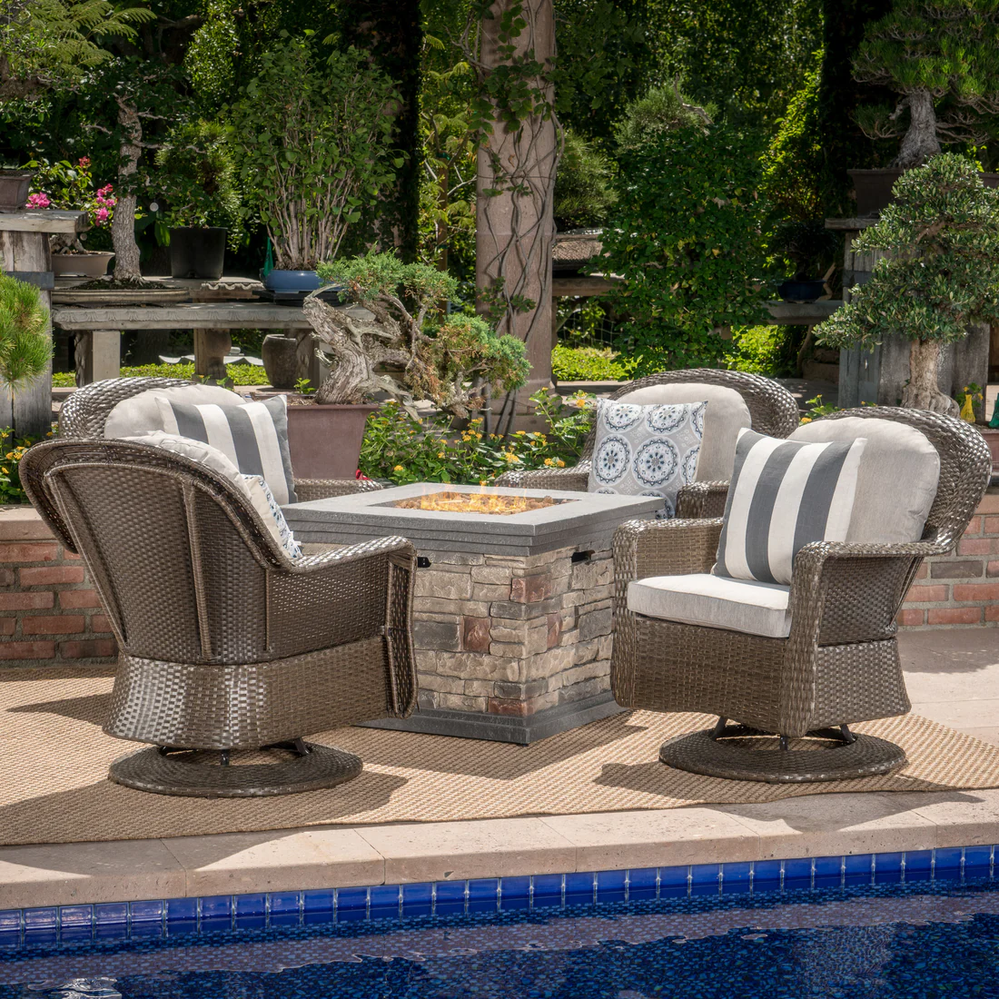 5pc Brown and Ceramic Gray Contemporary Outdoor 4 Seater Chat Set with Fire Pit