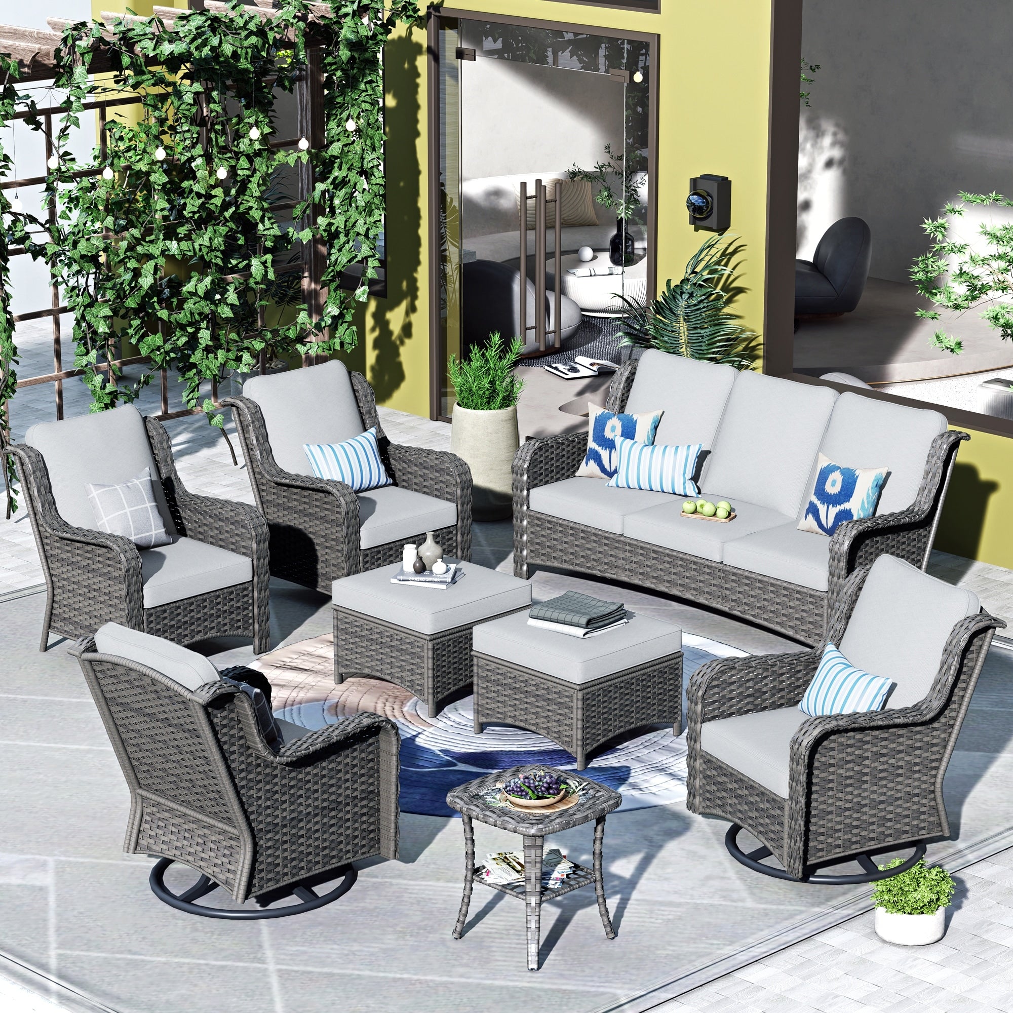 OVIOS 8-piece Patio Wicker Furniture Swivel Chair Set