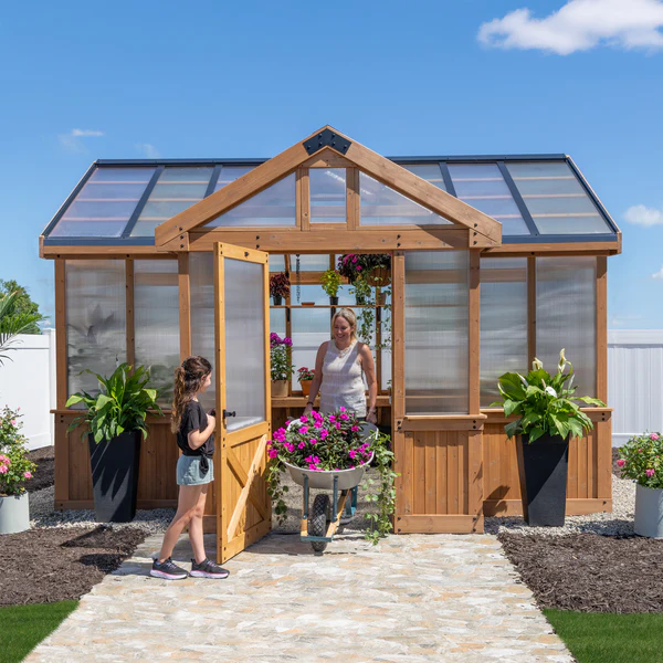 Savannah Chalet-Style 14.5 ft. W x 12 ft. D x 10.5 ft. H Cedar and Polycarbonate Light Brown Greenhouse Kit w/ PowerPort
