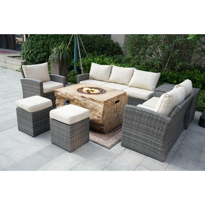 7-piece Patio Wicker Garden Chat Sofa Set with Fire Pit Table and Storage Box