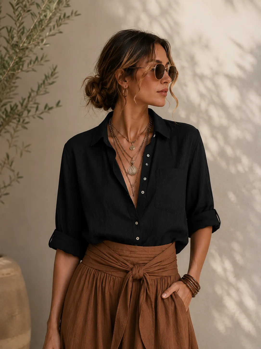 Casual Button-Up Shirt & Tie Waist Maxi Skirt Set