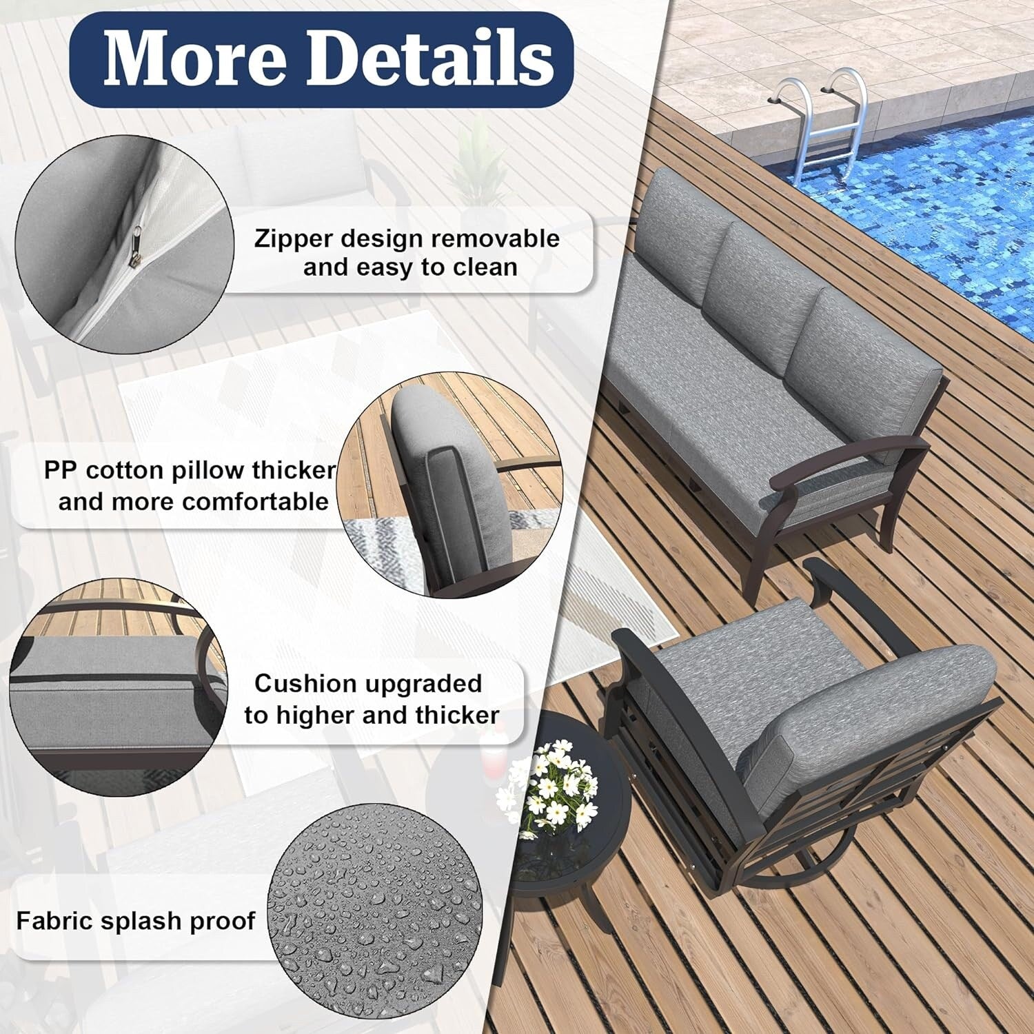 Kullavik Aluminum Outdoor Patio Furniture with Curved Armrests & Firepit Table