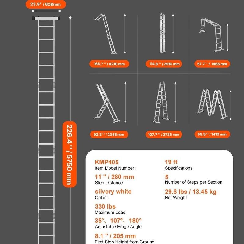 7-in-1 Folding Ladder, 19ft, 330 lbs