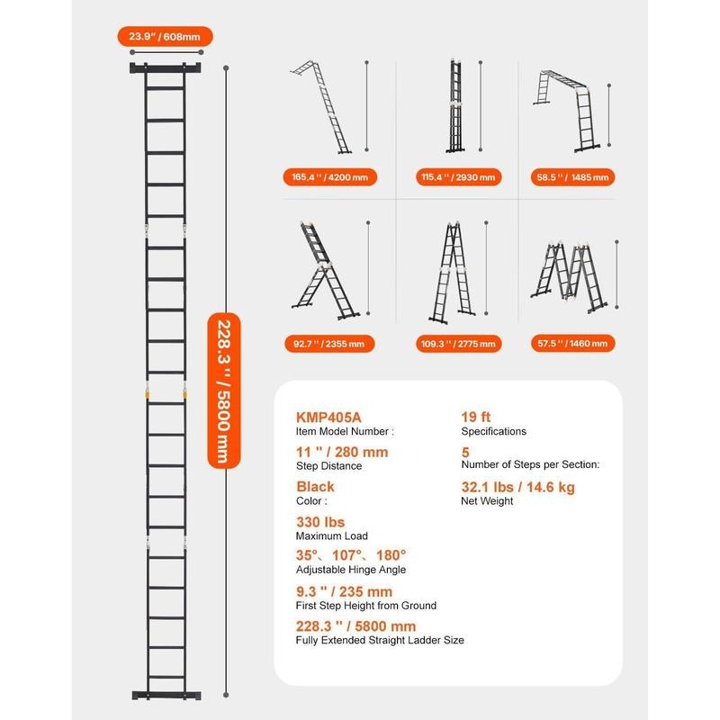 7-in-1 Folding Ladder, 19ft, 330 lbs