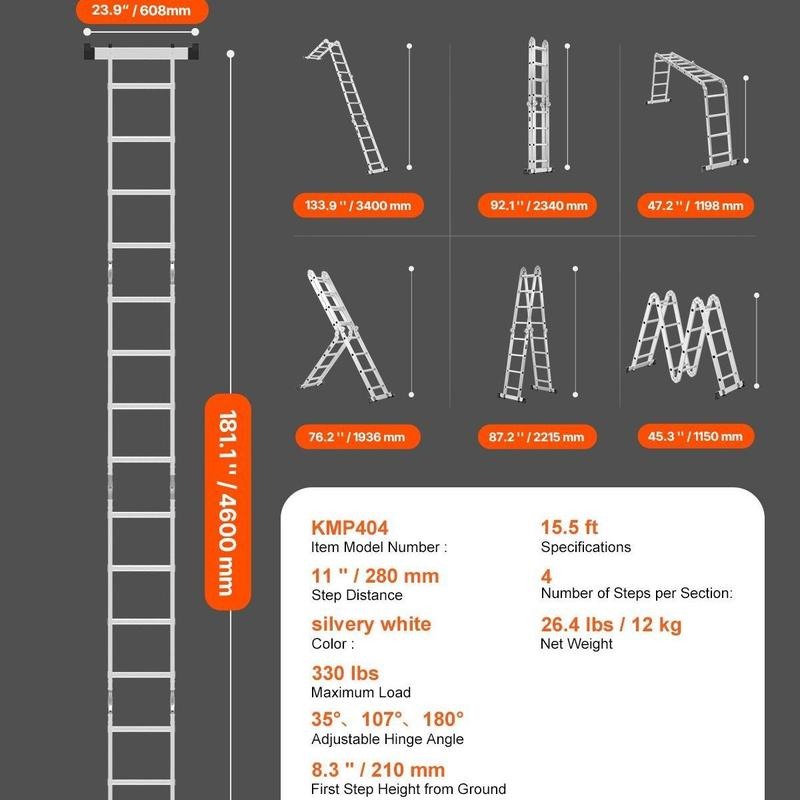 7-in-1 Folding Ladder, 19ft, 330 lbs
