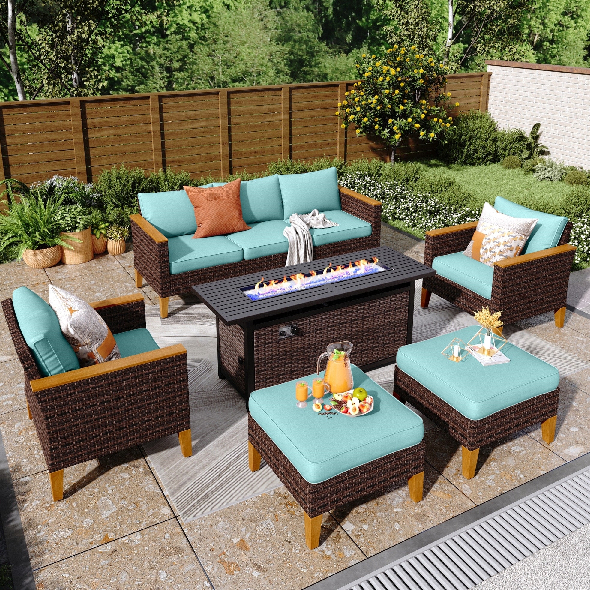8-Piece Patio Outdoor Wicker Sectional Sofa Set, Large Seating Furniture Conversation Sets with Fire Pit Table