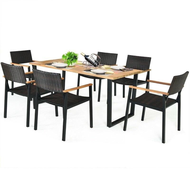 7 Pcs Outdoor Patio Rattan Dining Chair Table Set