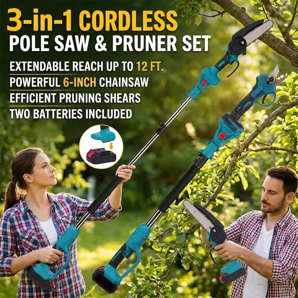 🔥 Limited-Time Deal — 3-in-1 Cordless Pole Saw & Mini Chainsaw Kit with 8-Ft Reach & 2 Batteries 🌳⚡