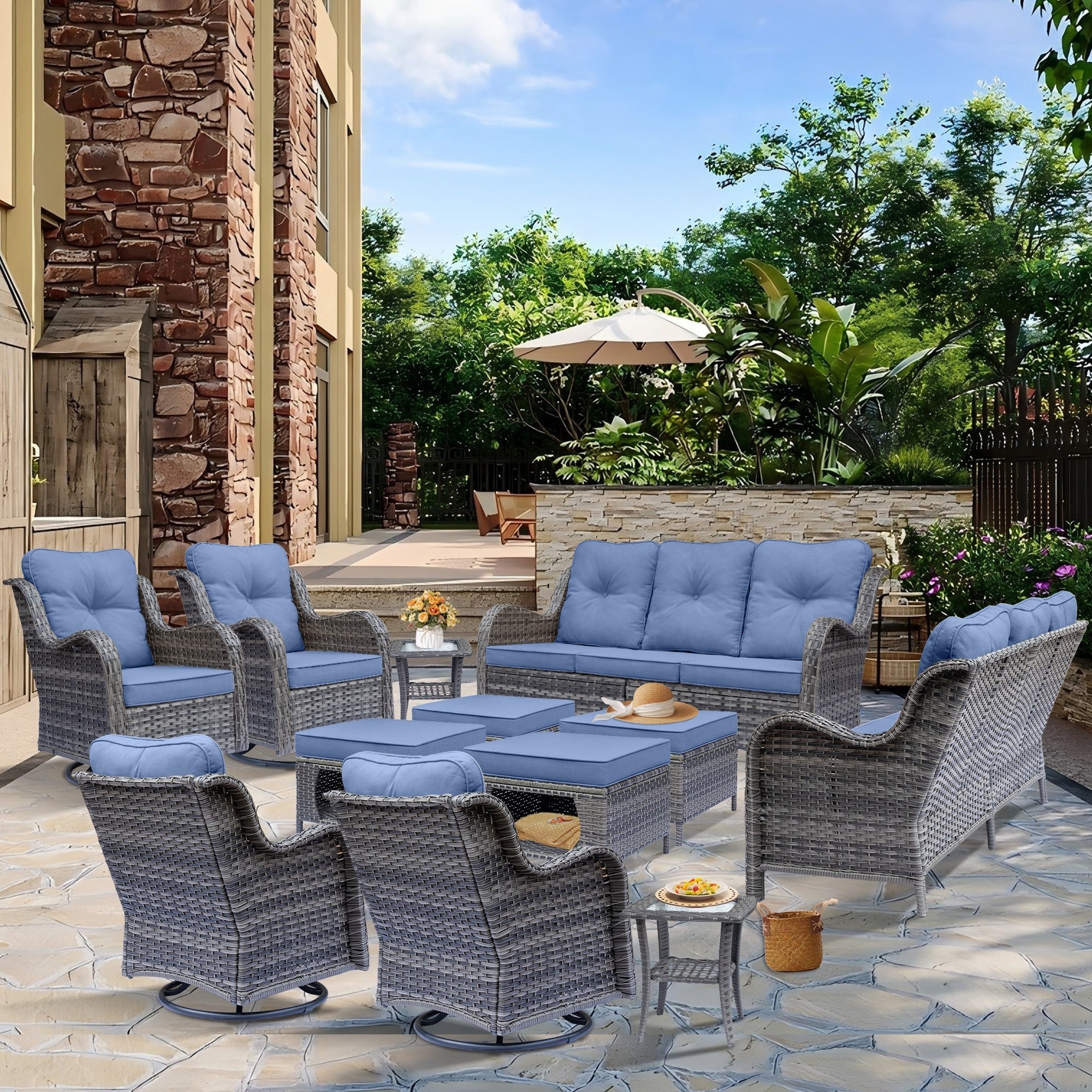 Outdoor Patio Furniture Set-Wicker Patio Conversation Swivel Chair Set