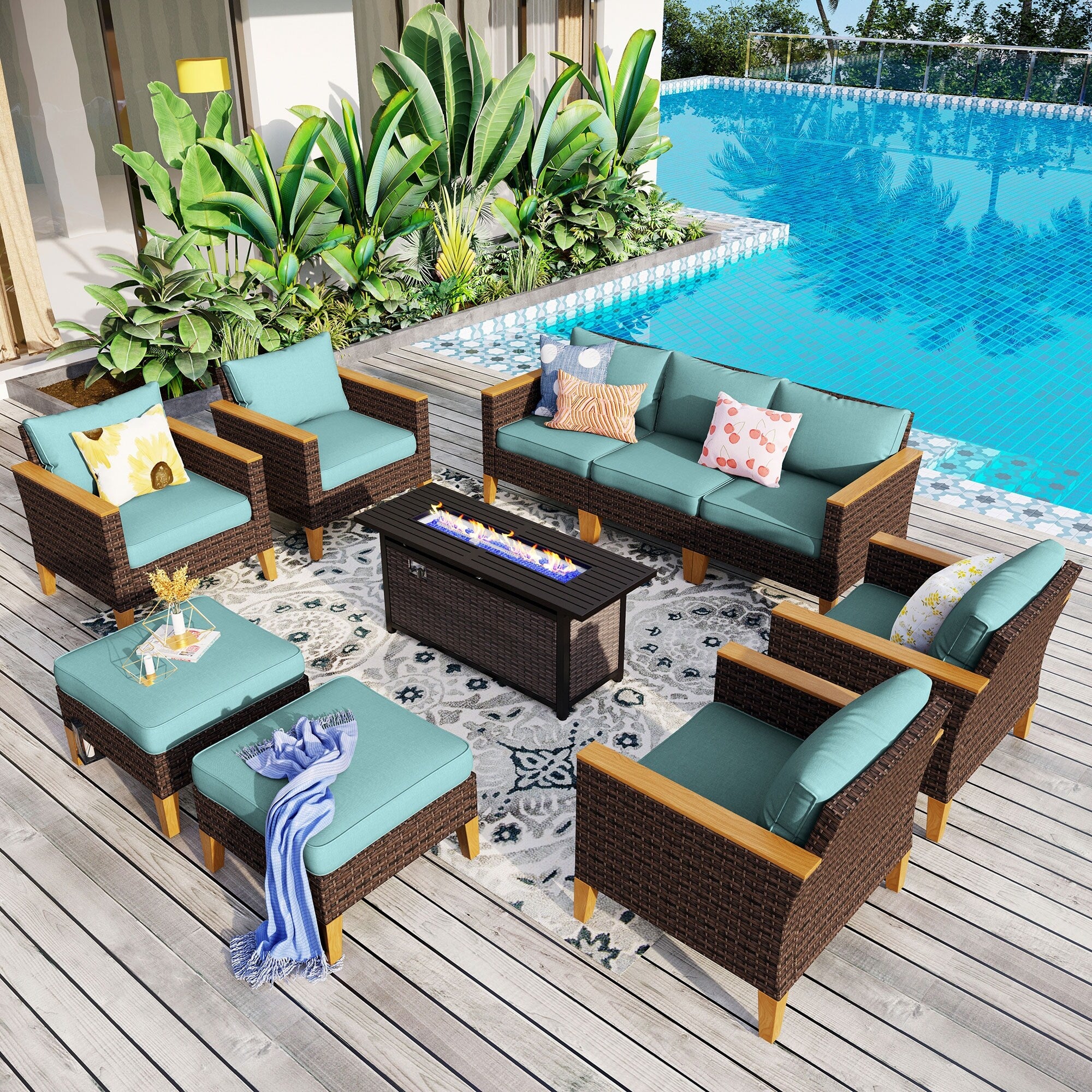8-Piece Patio Outdoor Wicker Sectional Sofa Set, Large Seating Furniture Conversation Sets with Fire Pit Table