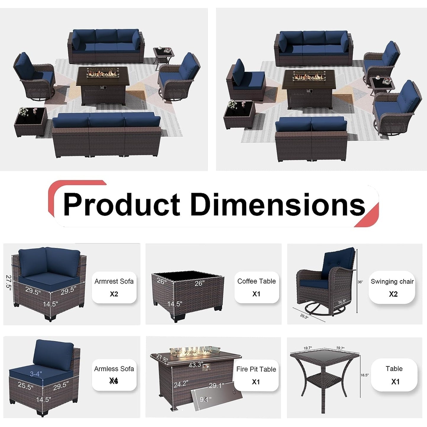 Patio Furniture Sectional Sofa Set, PE Rattan Swivel Rocking Chairs Patio Conversation Set