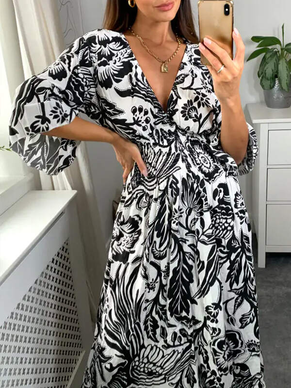 NEW🔥 V Neck Elastic Waist Printed Dress