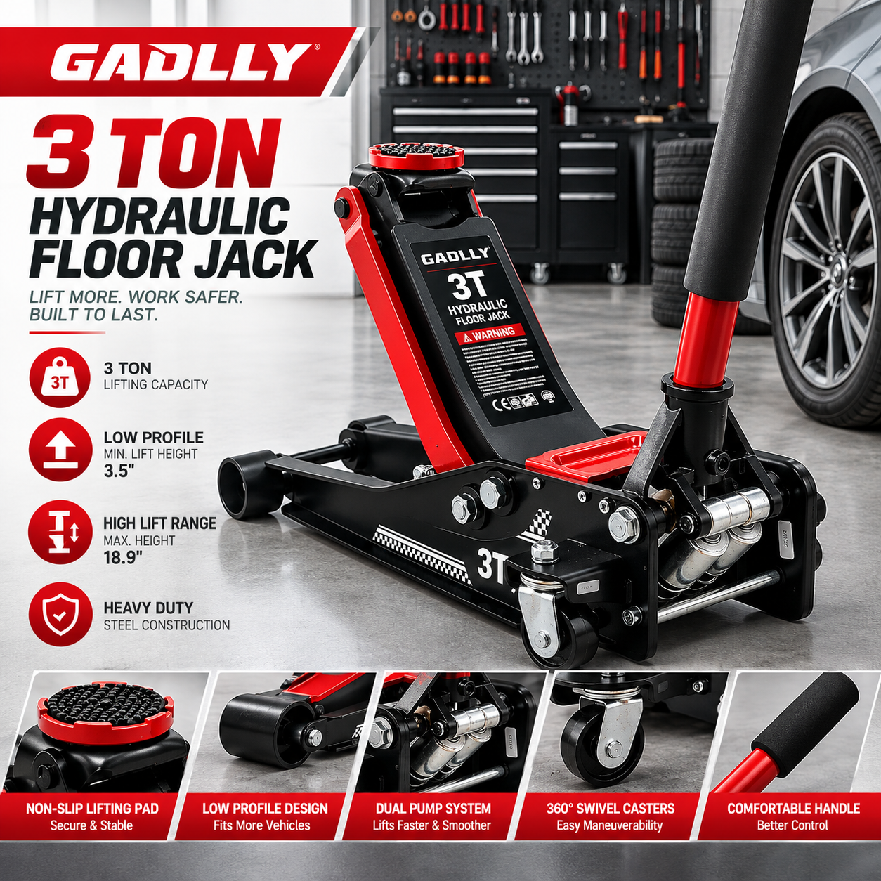 3 Ton Low Profile, Heavy-Duty Steel Racing Floor Jack with Dual Pistons Quick Lift Pump, with Lug Wrench Lifting Range 3.35\