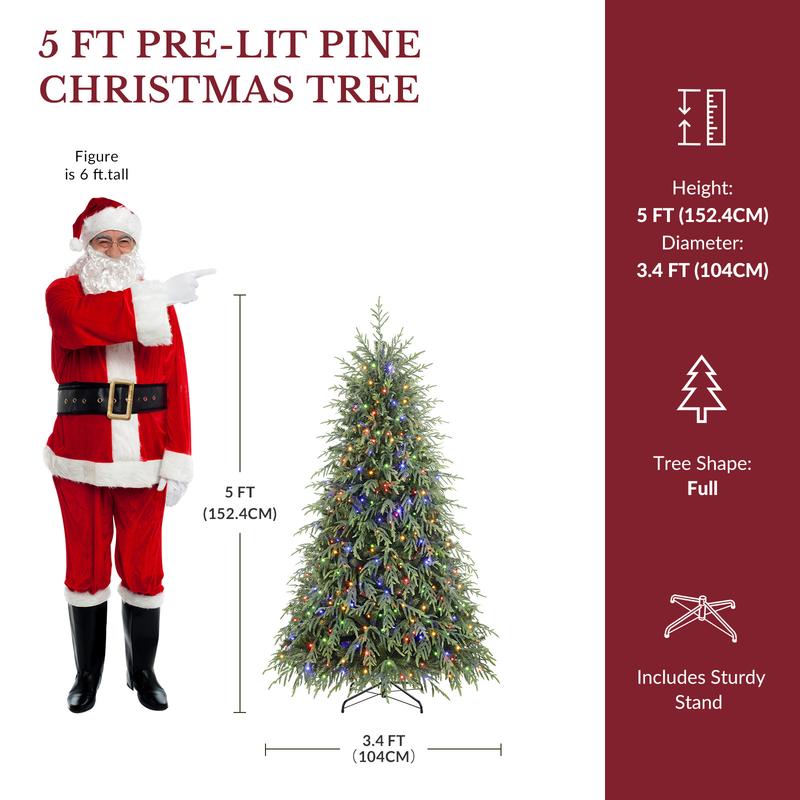 Pre-Lit Norfolk Pine Christmas Tree, 5/6/7.5/8FT Artificial Christmas Tree with Warm White & Multicolor LED Lights, Remote Control, Hinged PE & PVC Branches, Holiday Home Decor