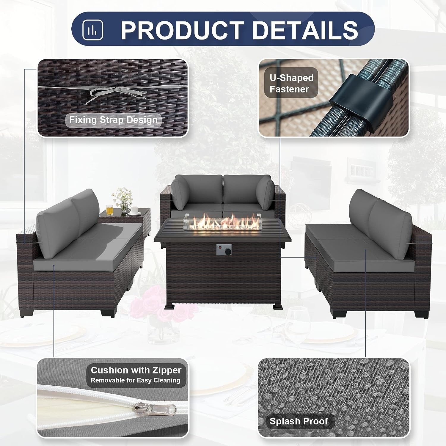 Patio Furniture Sectional Sofa Set, PE Rattan Swivel Rocking Chairs Patio Conversation Set