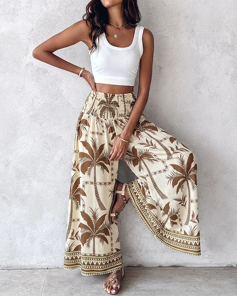 Vintage Plants Print High Waist Shirred Elastic Waist Wide Leg Pants