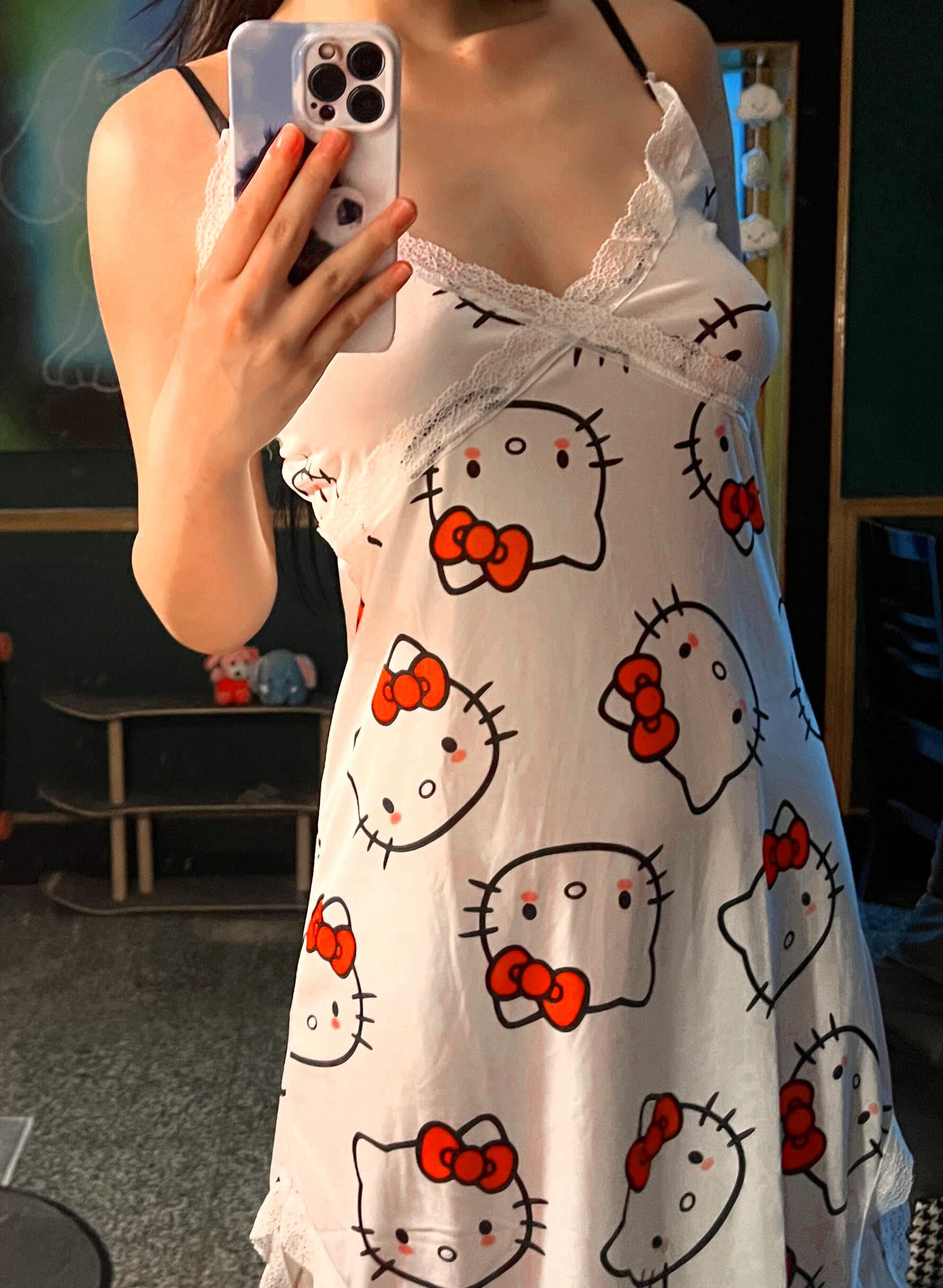 Hellokitty Night Gown V-Neck Full Slip Lingerie Sexy Nightgowns