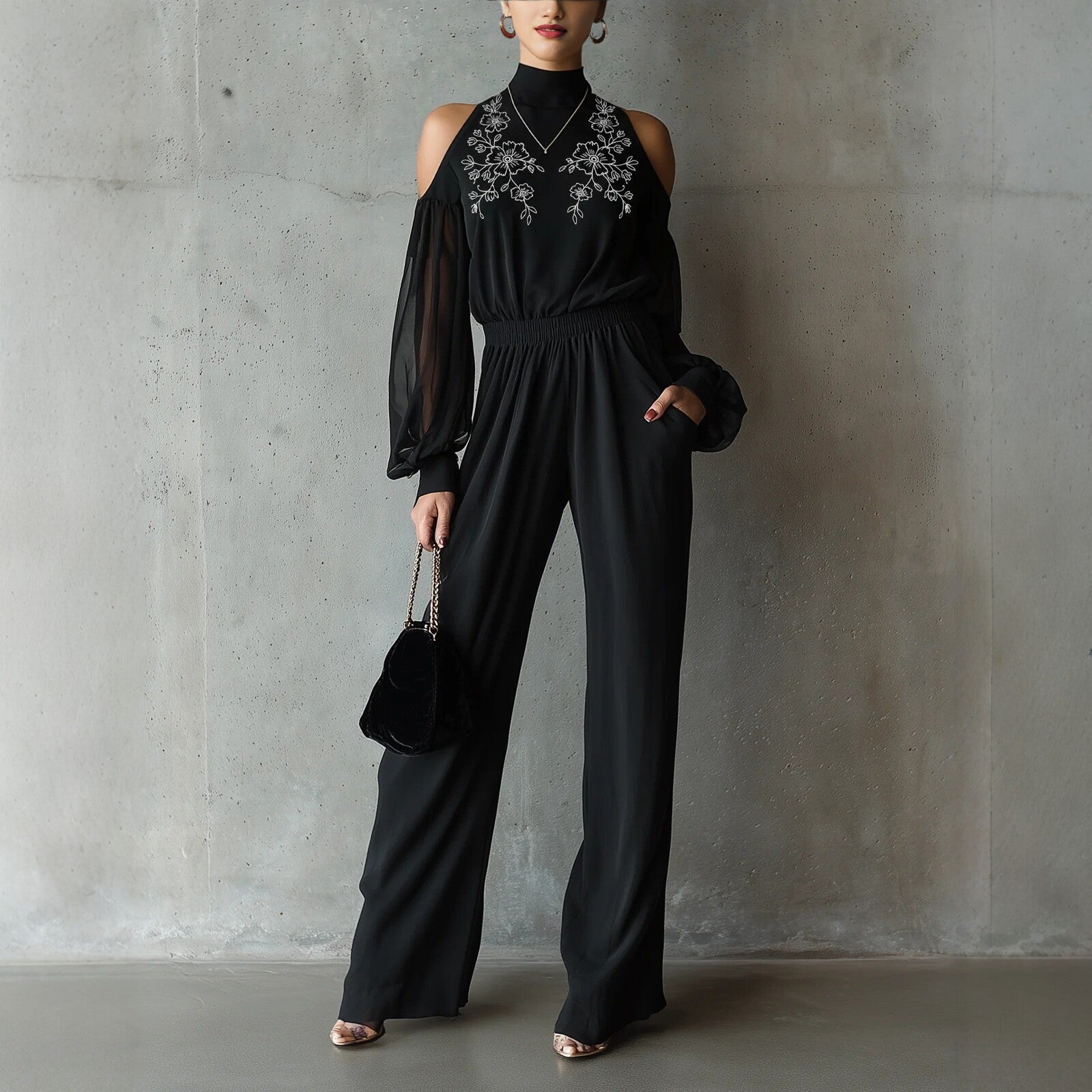 Black Embroidered Women'S Long-Sleeved Jumpsuit