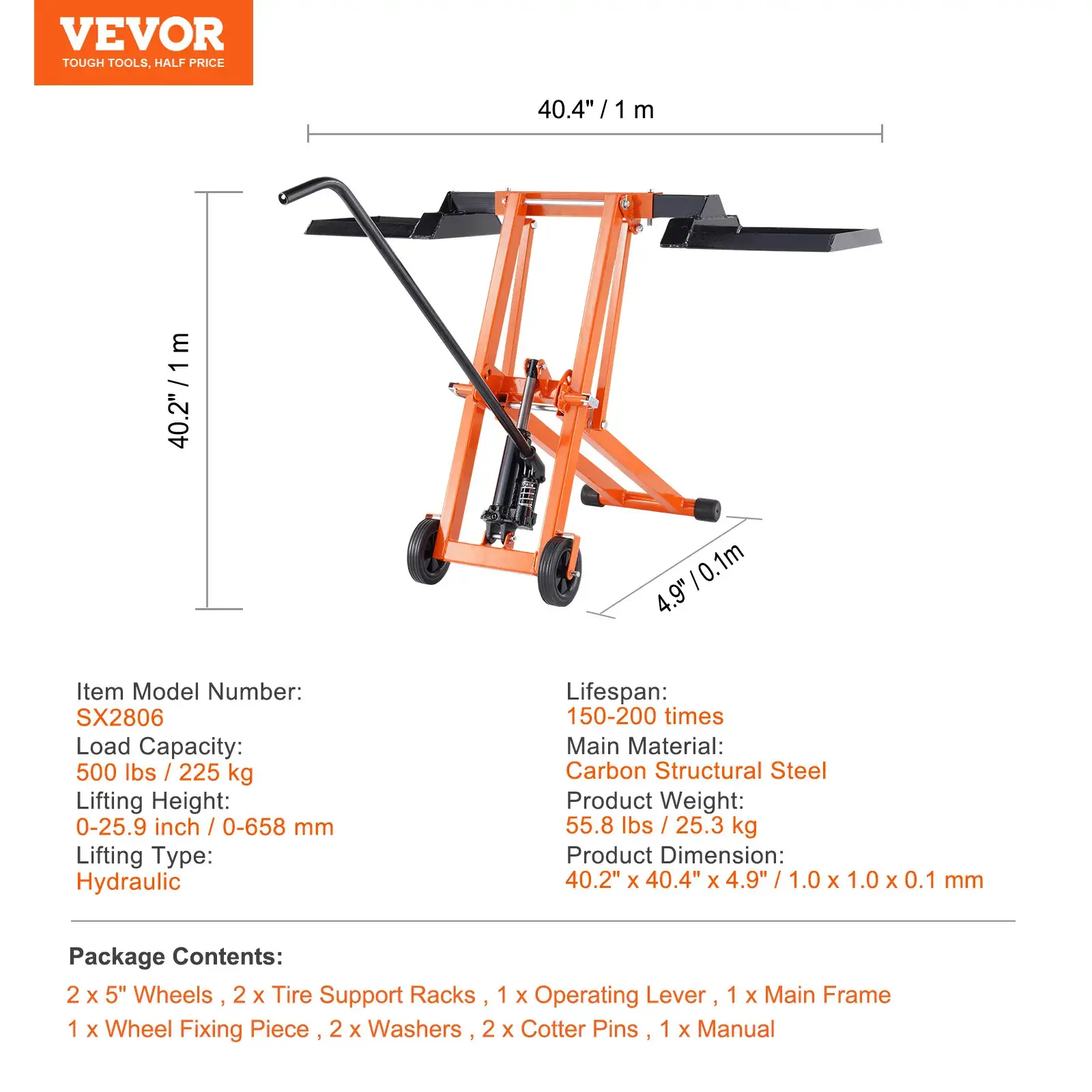 Lawn Mower Lift with Hydraulic Jack,  500 Lbs Weight Capacity, Solid Carbon Steel Lawn Mower Lift, Adjustable Movable Lawn Lifter for Riding Tractors and Zero Turn Lawn Mowers, Orange