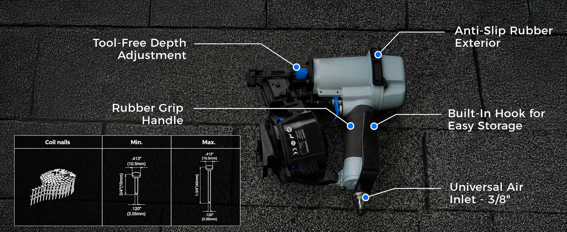 Pneumatic roofing nailer features