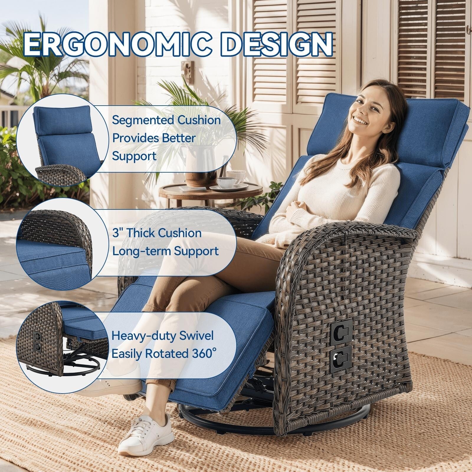 Pocassy Reclining Patio Chair with Adjustable Backrest