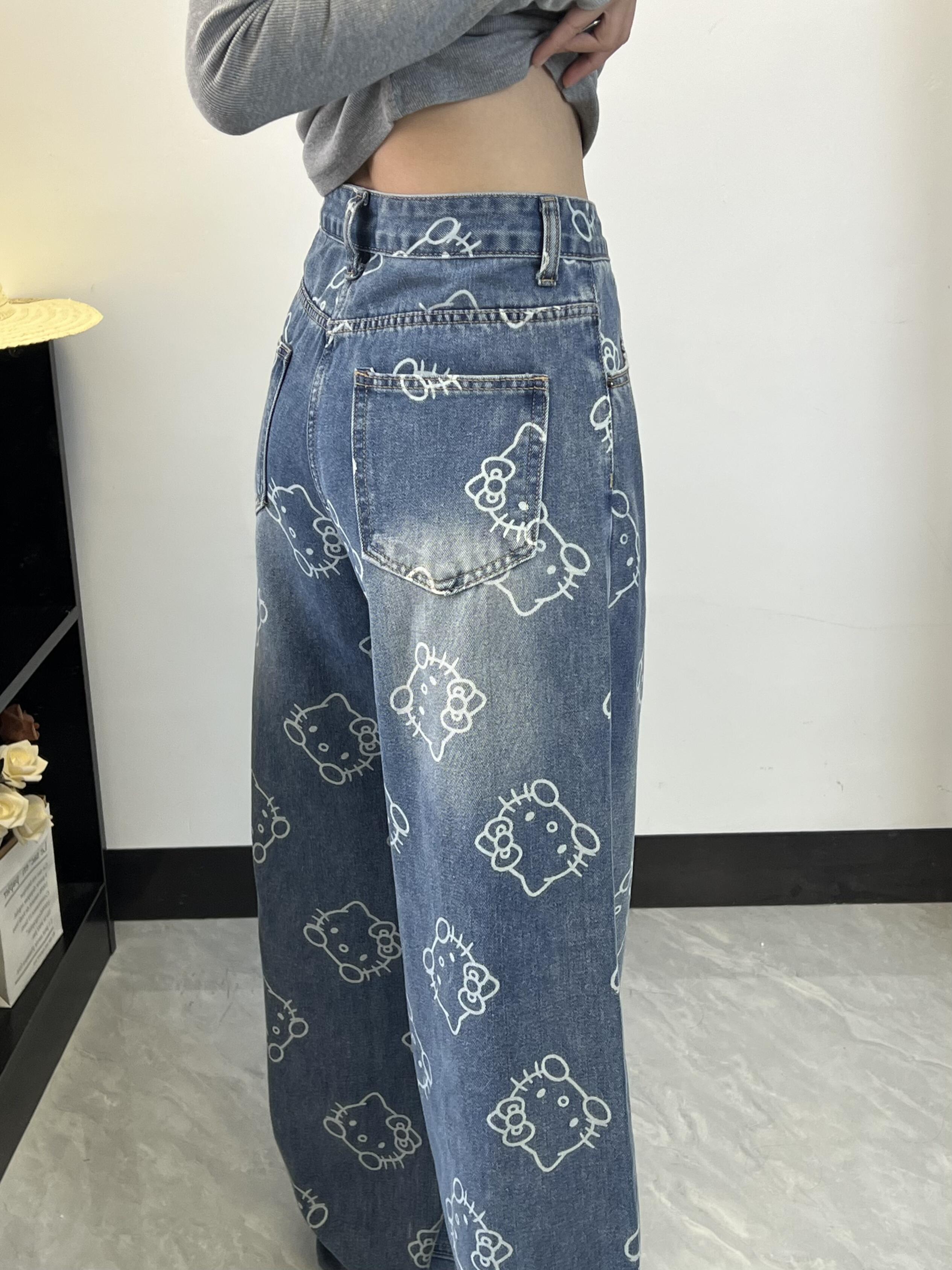 Hellokitty Embroidery Wide Leg Jeans High Waist Baggy Jeans Denim Pants
