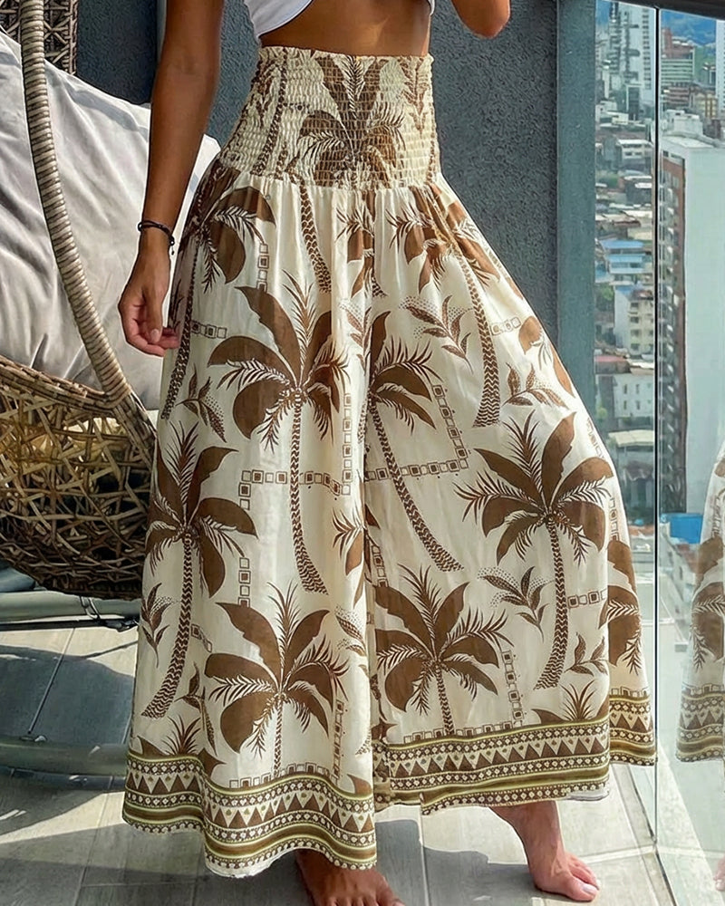Vintage Plants Print High Waist Shirred Elastic Waist Wide Leg Pants