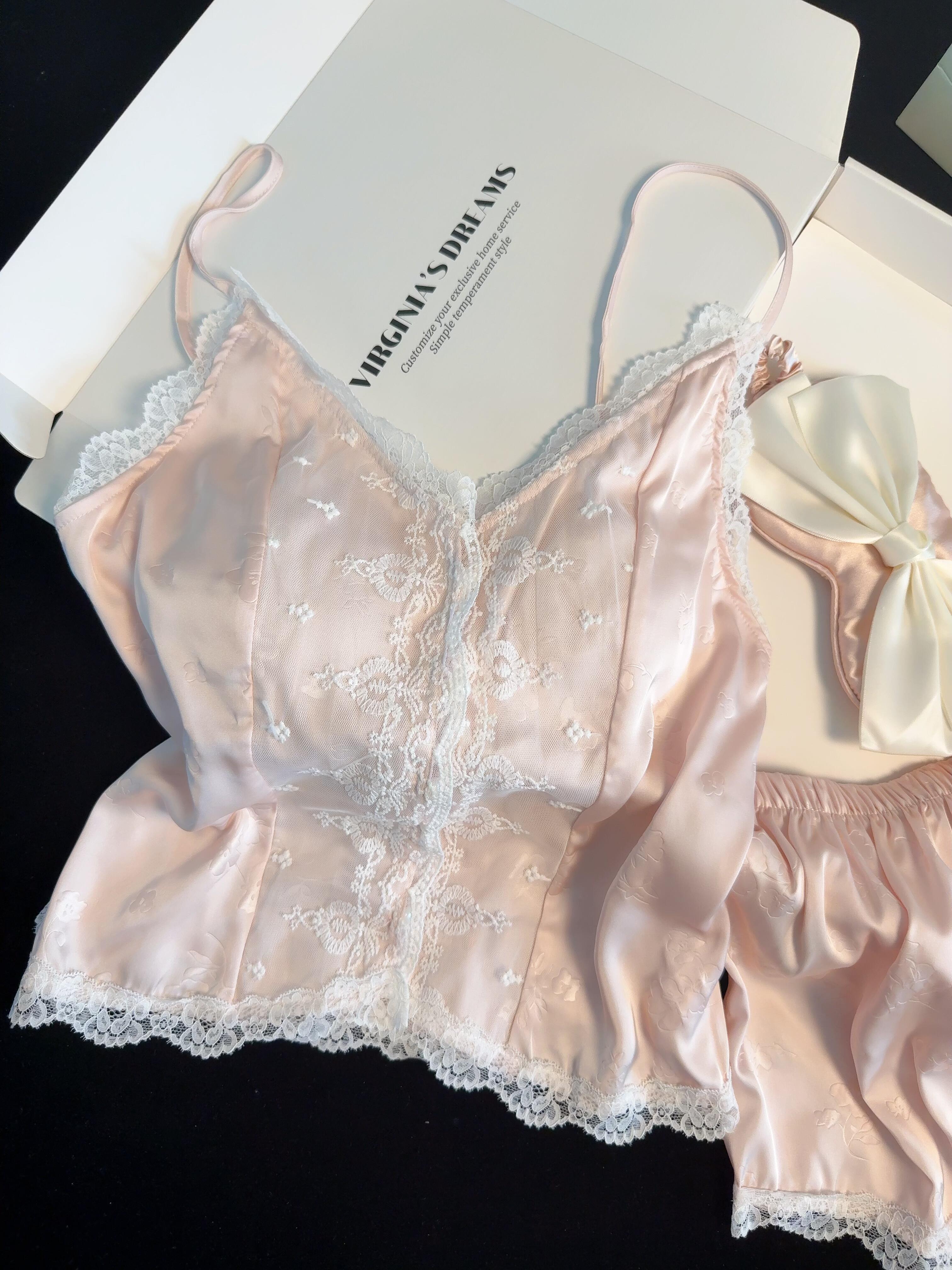 Satin Lace Pajama Set for Women 2 Piece Silky Lingerie Sleepwear Camisole Pj Shorts Set Soft Nightwear