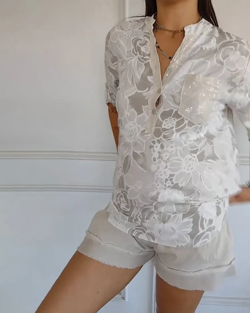 V-Neck Button-Down Printed Blouse