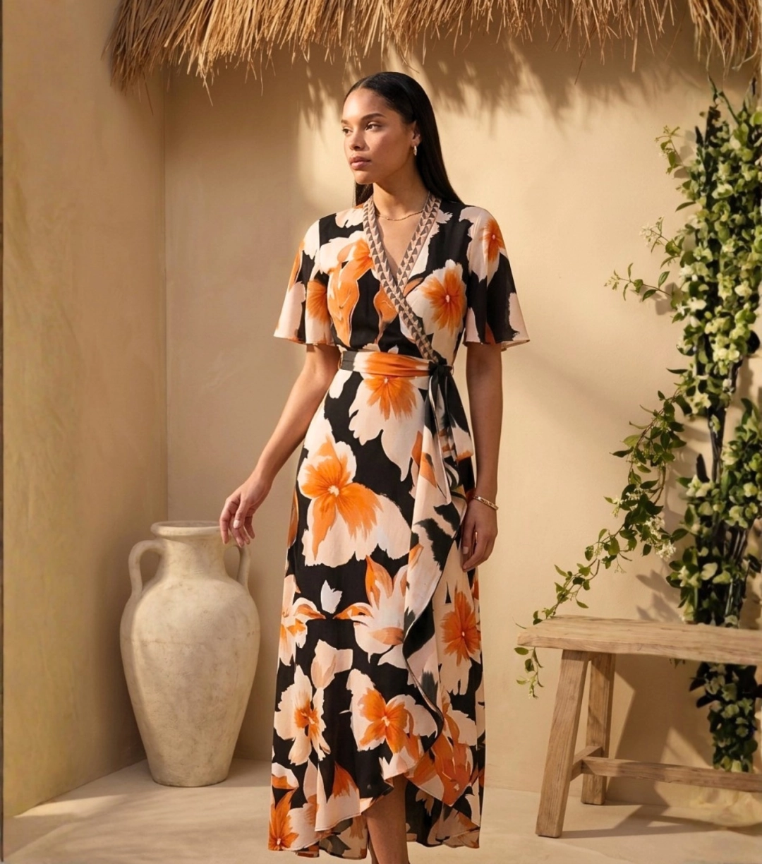 Orange Floral Print Flutter Sleeve Belted Wrap Ruffle Midi Dress