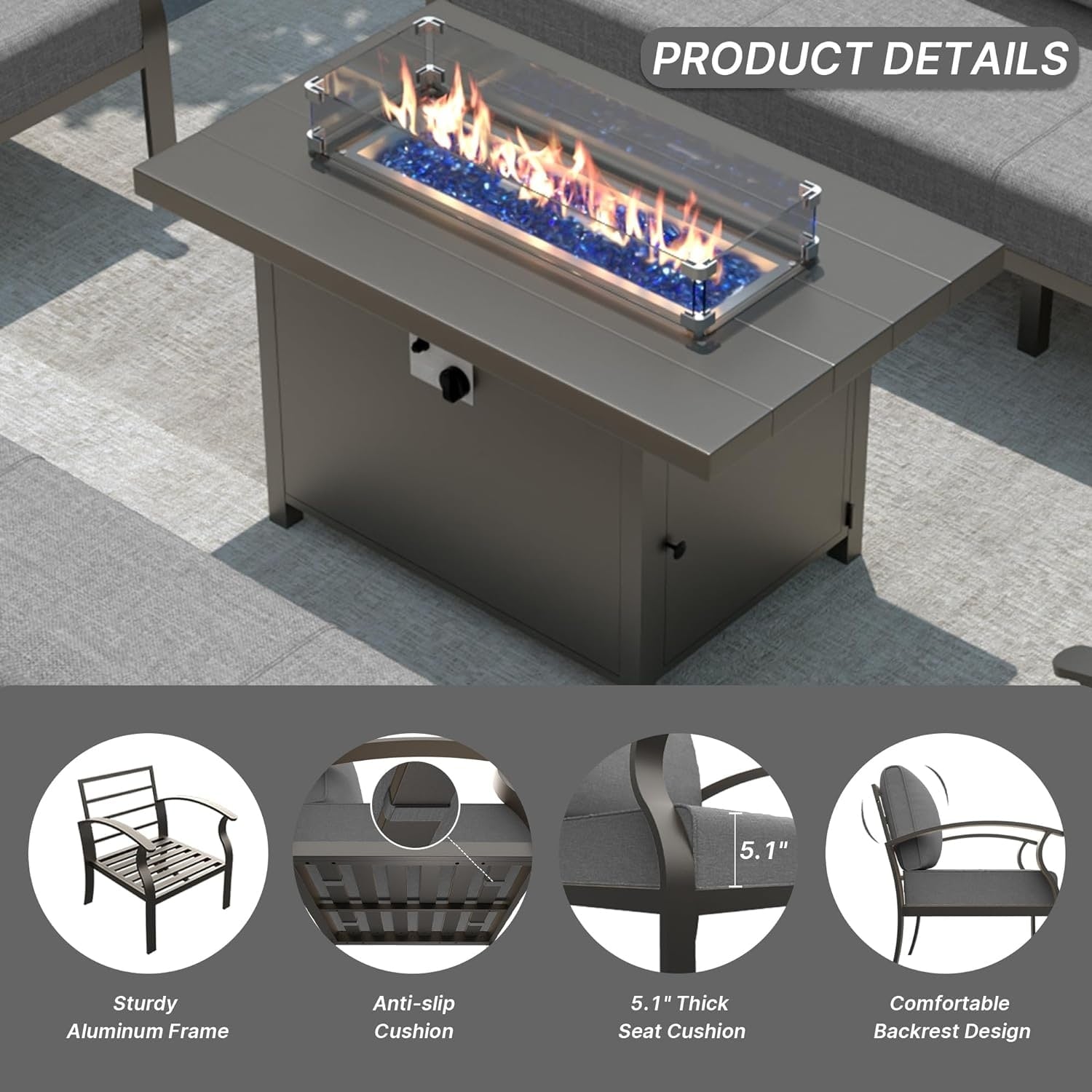 Kullavik Aluminum Outdoor Patio Furniture with Curved Armrests & Firepit Table