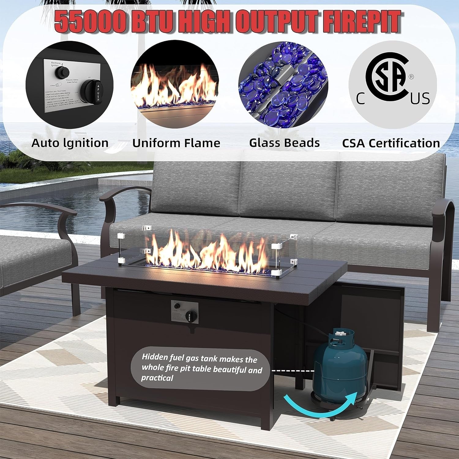 Kullavik Aluminum Outdoor Patio Furniture with Curved Armrests & Firepit Table