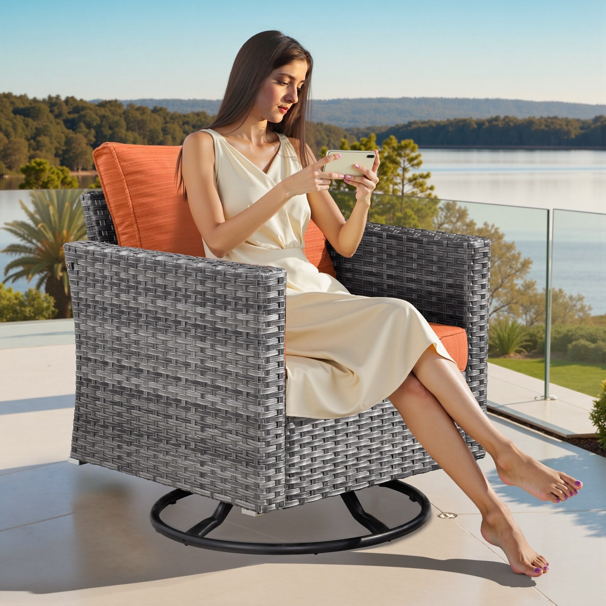 XIZZI 9 Pieces Patio Wicker Furniture Swivel Rocker with Firepit Table