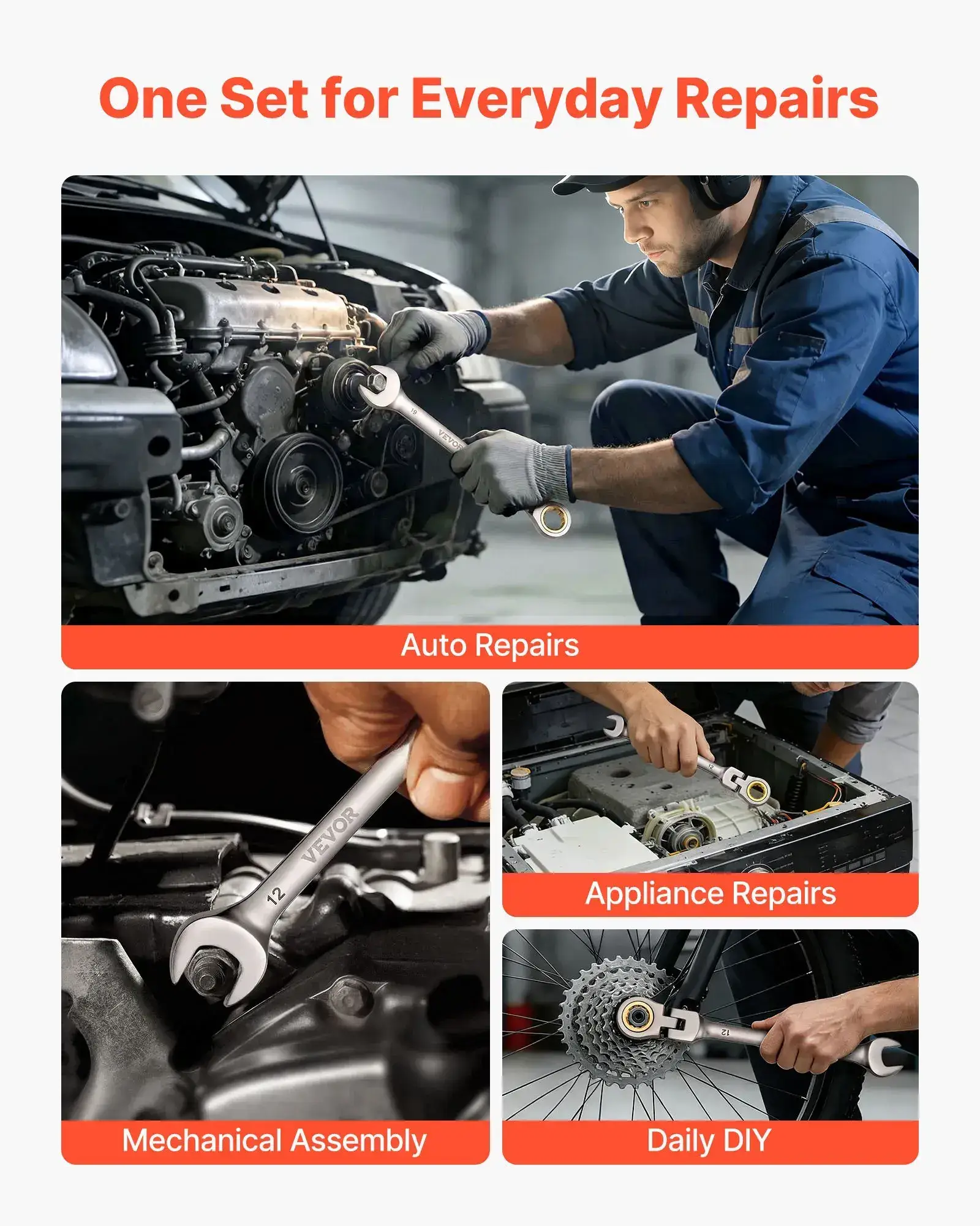 12-Piece Multifunctional Flex-Head Ratcheting Wrench SetMetric 8 mm-19 mm72 Teeth Cr-V Steel Flexible Combination Wrench SetCar & Automotive Tools with Roll Up Pouchfor Household & Automotive RepairsMultifunctional Wrench Set