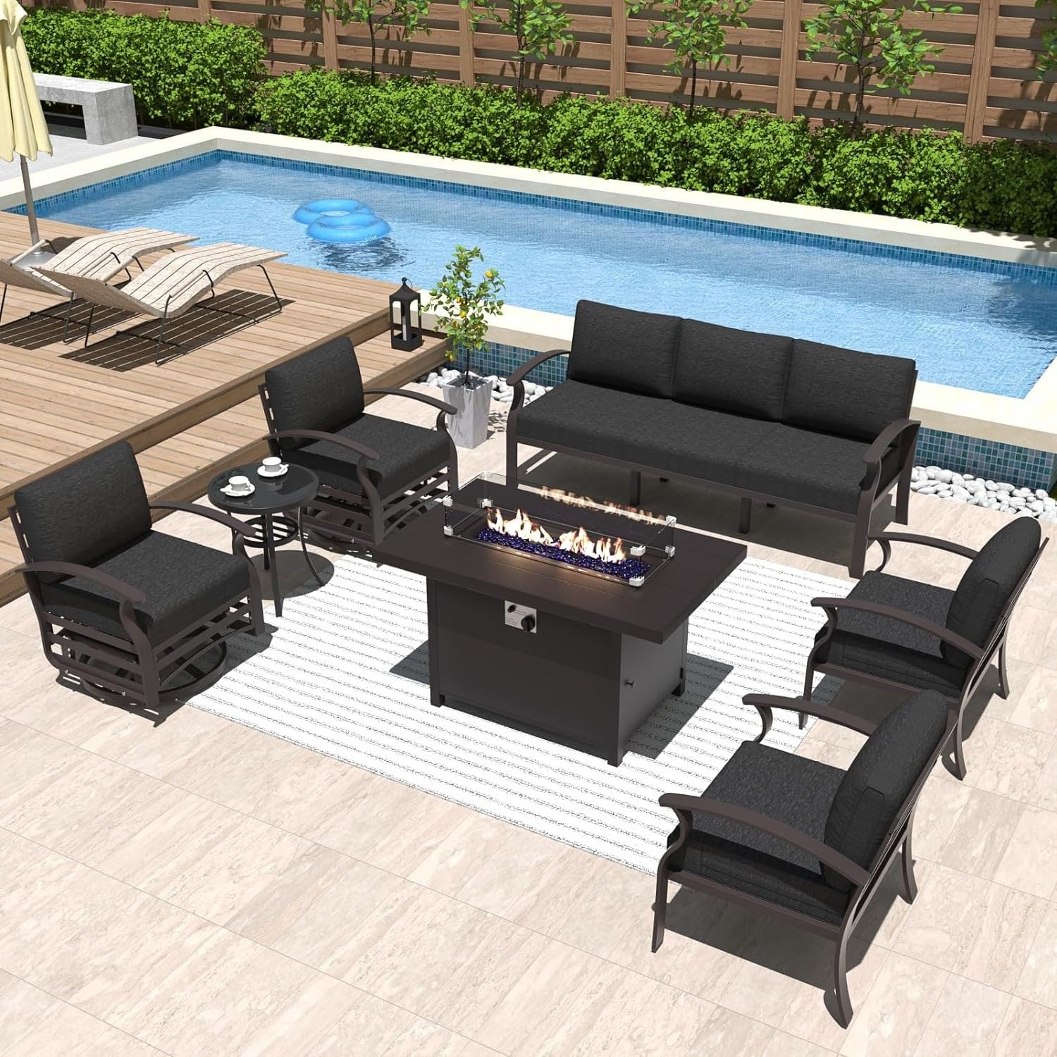 Kullavik Aluminum Outdoor Patio Furniture with Curved Armrests & Firepit Table