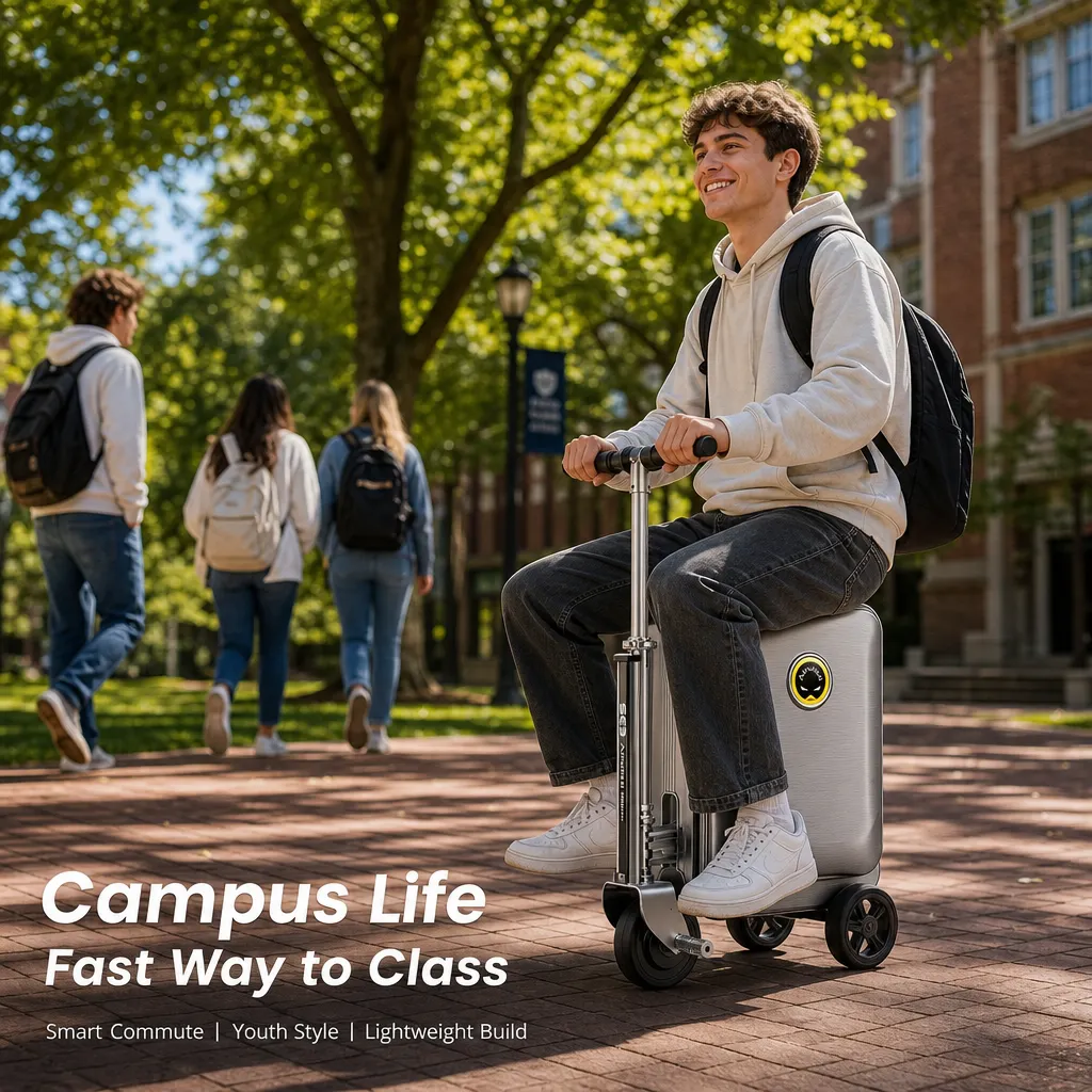 Rideable Scooter Luggage|Foldable Aluminum Carry‐On Suitcase, TSA Lock Silent Wheels, Multi‐Purpose Riding Suitcase for Airport, Commute & Campus