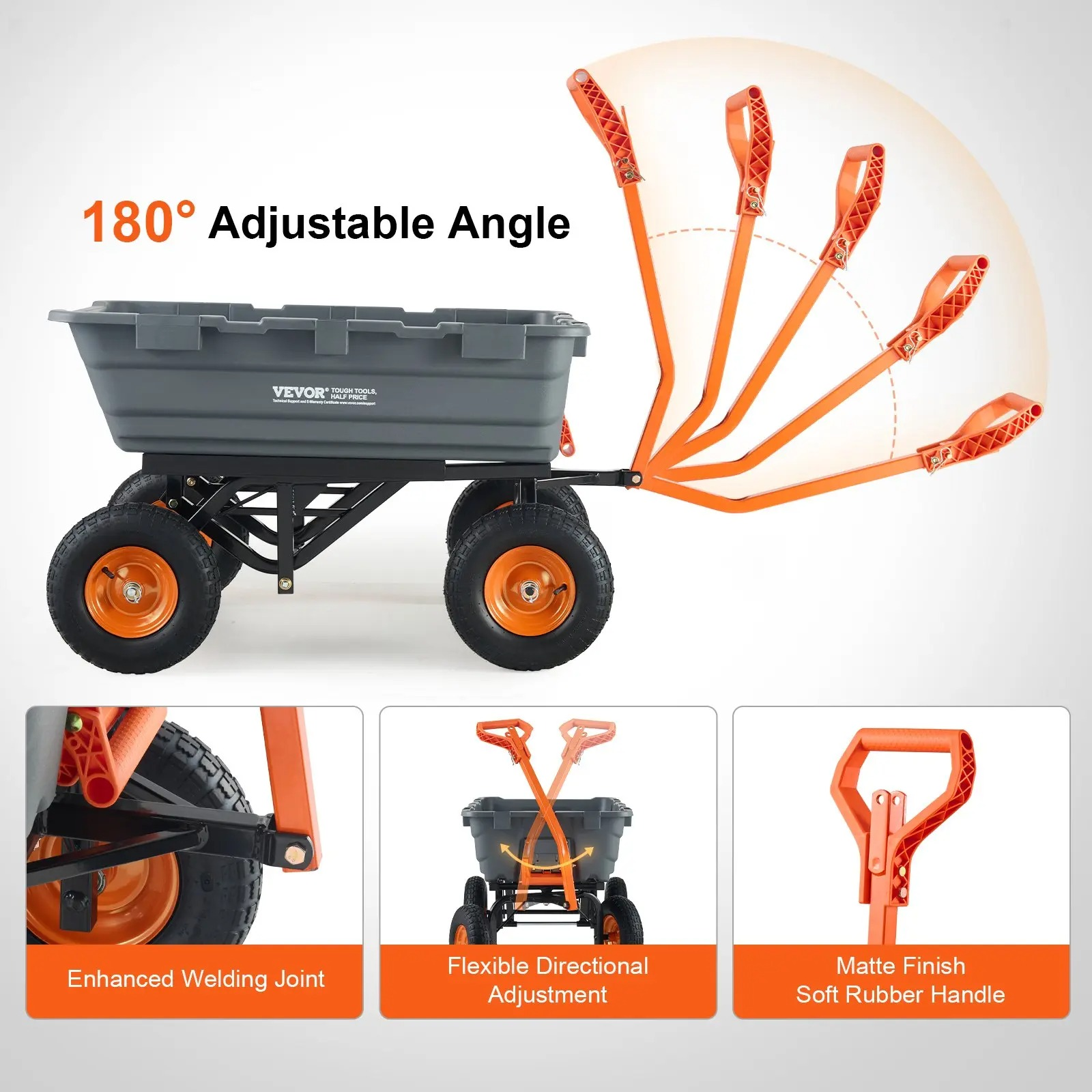 Poly Garden Dump Cart with Easy to Assemble Steel Frame, 2-in-1 Convertible Handle, 13 Inch Tires, Max Capacity 1500 lbs, Utility Wheelbarrow Productivity Yard